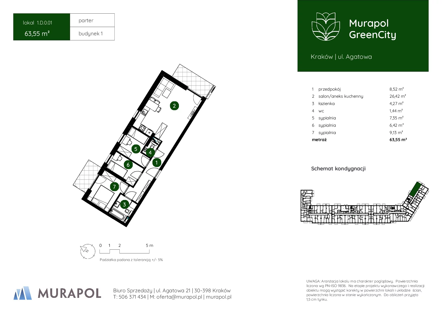 4 pokoje, mieszkanie 63,55 m², parter, oferta nr 1.D.0.01, Murapol GreenCity, Kraków, Bieżanów-Prokocim, Osiedle Złocień, ul. Agatowa