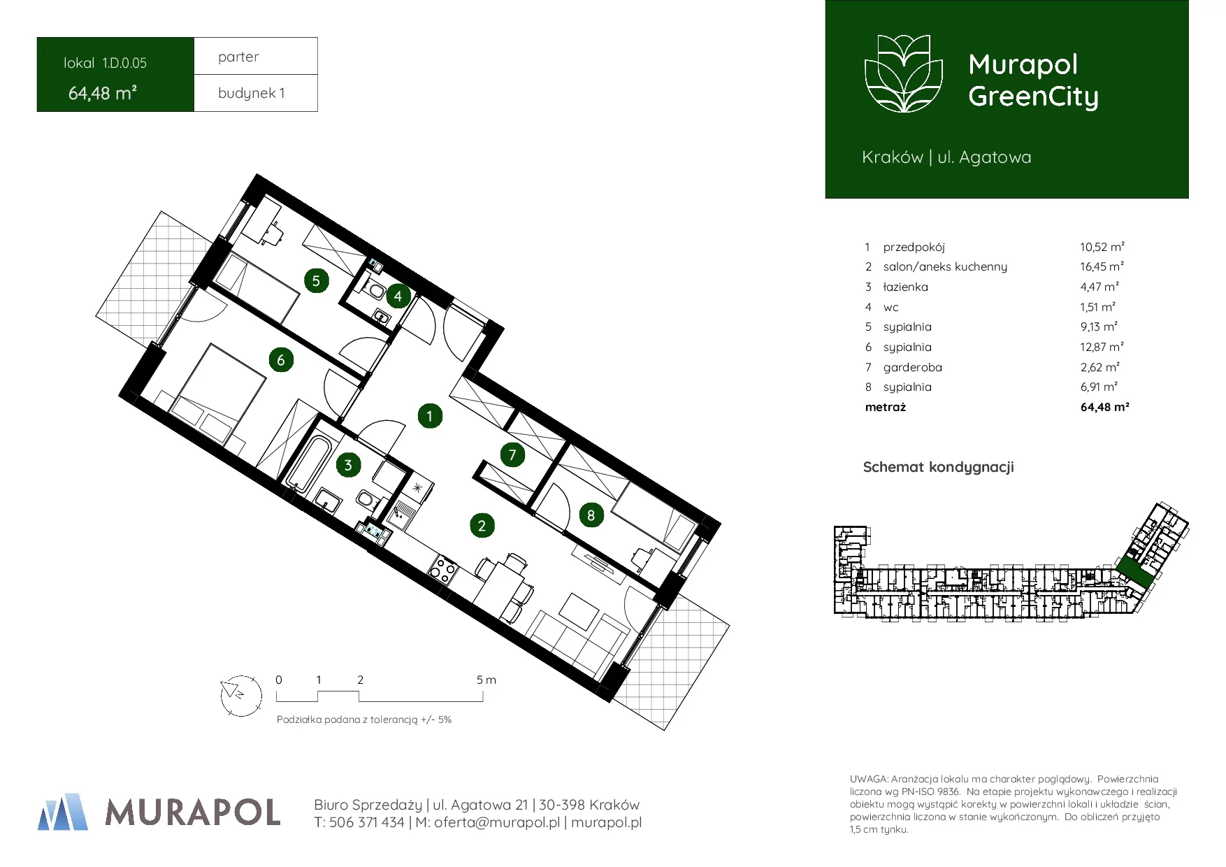 4 pokoje, mieszkanie 64,48 m², parter, oferta nr 1.D.0.05, Murapol GreenCity, Kraków, Bieżanów-Prokocim, Osiedle Złocień, ul. Agatowa