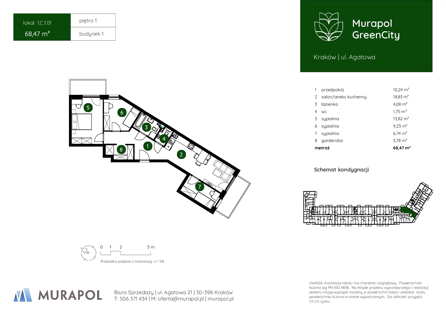 4 pokoje, mieszkanie 68,47 m², piętro 1, oferta nr 1.C.1.01, Murapol GreenCity, Kraków, Bieżanów-Prokocim, Osiedle Złocień, ul. Agatowa