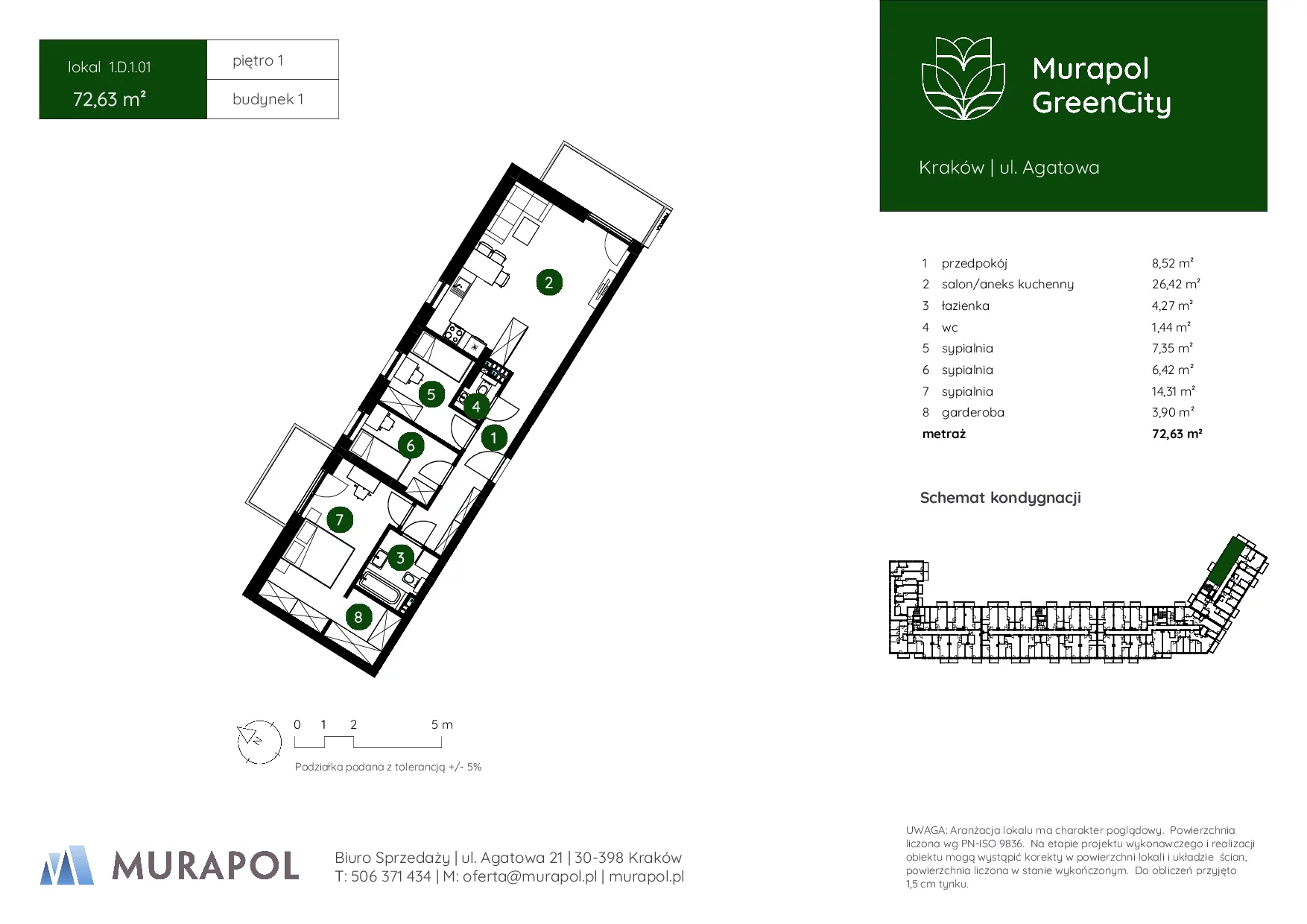 4 pokoje, mieszkanie 72,63 m², piętro 1, oferta nr 1.D.1.01, Murapol GreenCity, Kraków, Bieżanów-Prokocim, Osiedle Złocień, ul. Agatowa