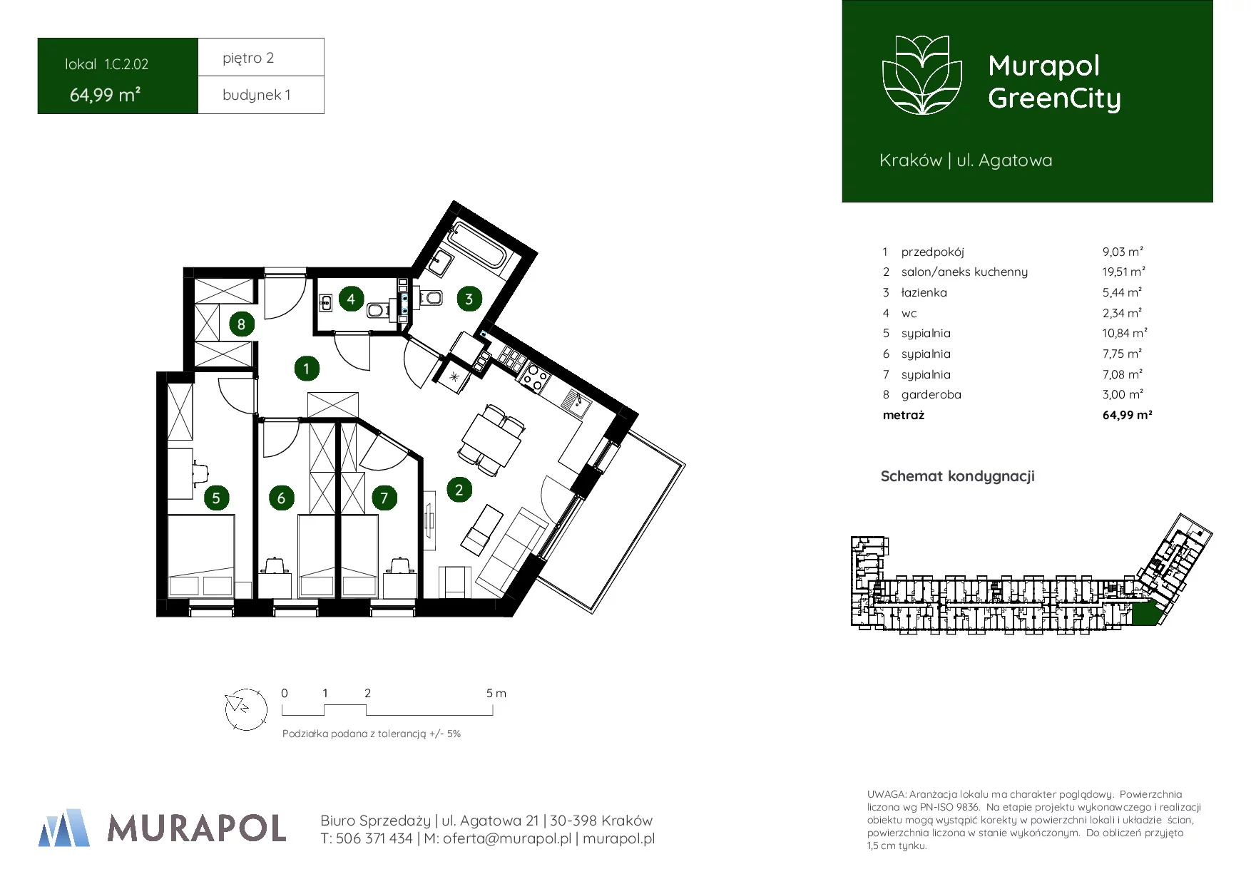 4 pokoje, mieszkanie 64,99 m², piętro 2, oferta nr 1.C.2.02, Murapol GreenCity, Kraków, Bieżanów-Prokocim, Osiedle Złocień, ul. Agatowa