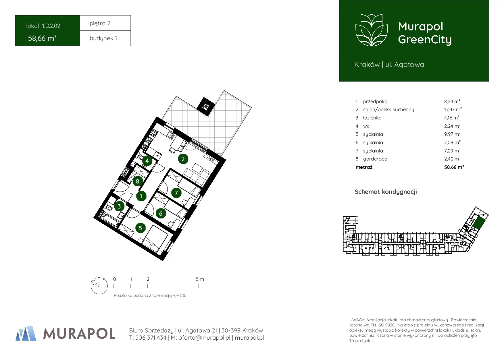 4 pokoje, mieszkanie 58,66 m², piętro 2, oferta nr 1.D.2.02, Murapol GreenCity, Kraków, Bieżanów-Prokocim, Osiedle Złocień, ul. Agatowa