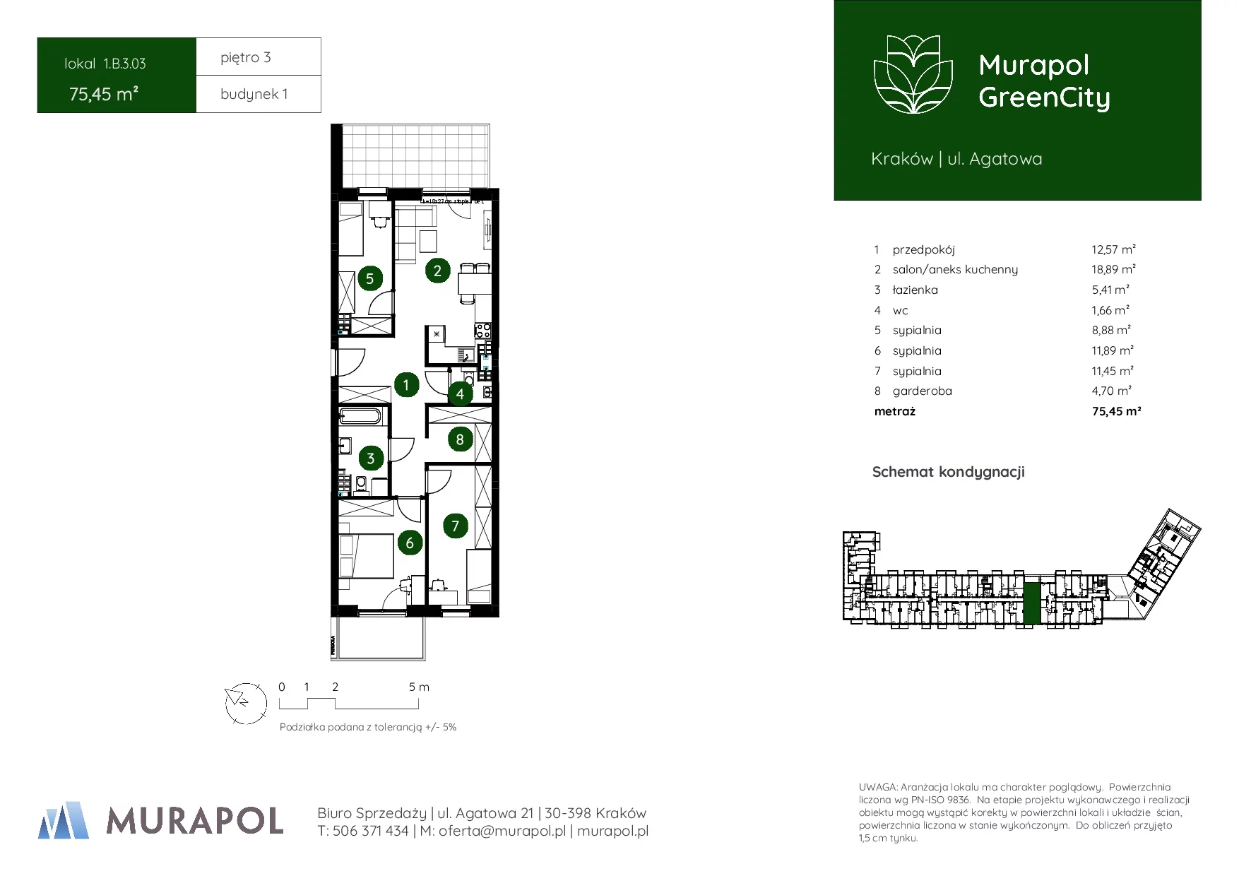 4 pokoje, mieszkanie 75,45 m², piętro 3, oferta nr 1.B.3.03, Murapol GreenCity, Kraków, Bieżanów-Prokocim, Osiedle Złocień, ul. Agatowa