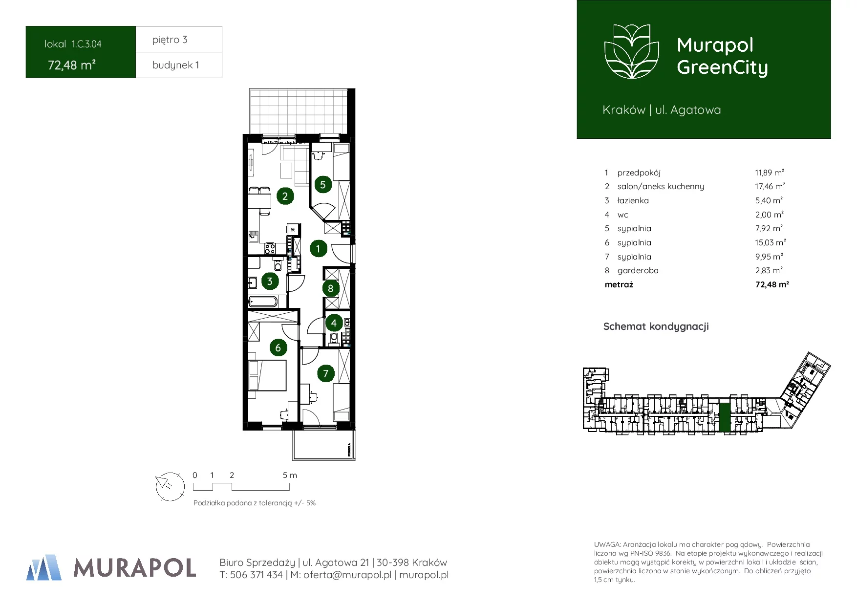 4 pokoje, mieszkanie 72,48 m², piętro 3, oferta nr 1.C.3.04, Murapol GreenCity, Kraków, Bieżanów-Prokocim, Osiedle Złocień, ul. Agatowa