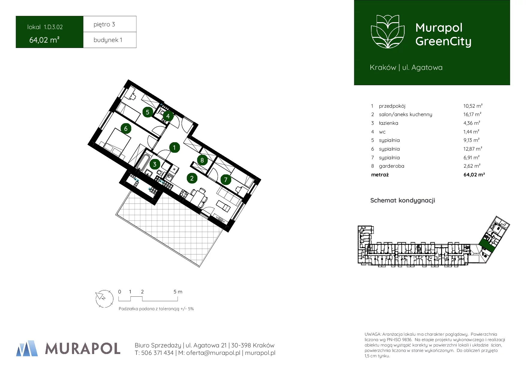 4 pokoje, mieszkanie 64,02 m², piętro 3, oferta nr 1.D.3.02, Murapol GreenCity, Kraków, Bieżanów-Prokocim, Osiedle Złocień, ul. Agatowa