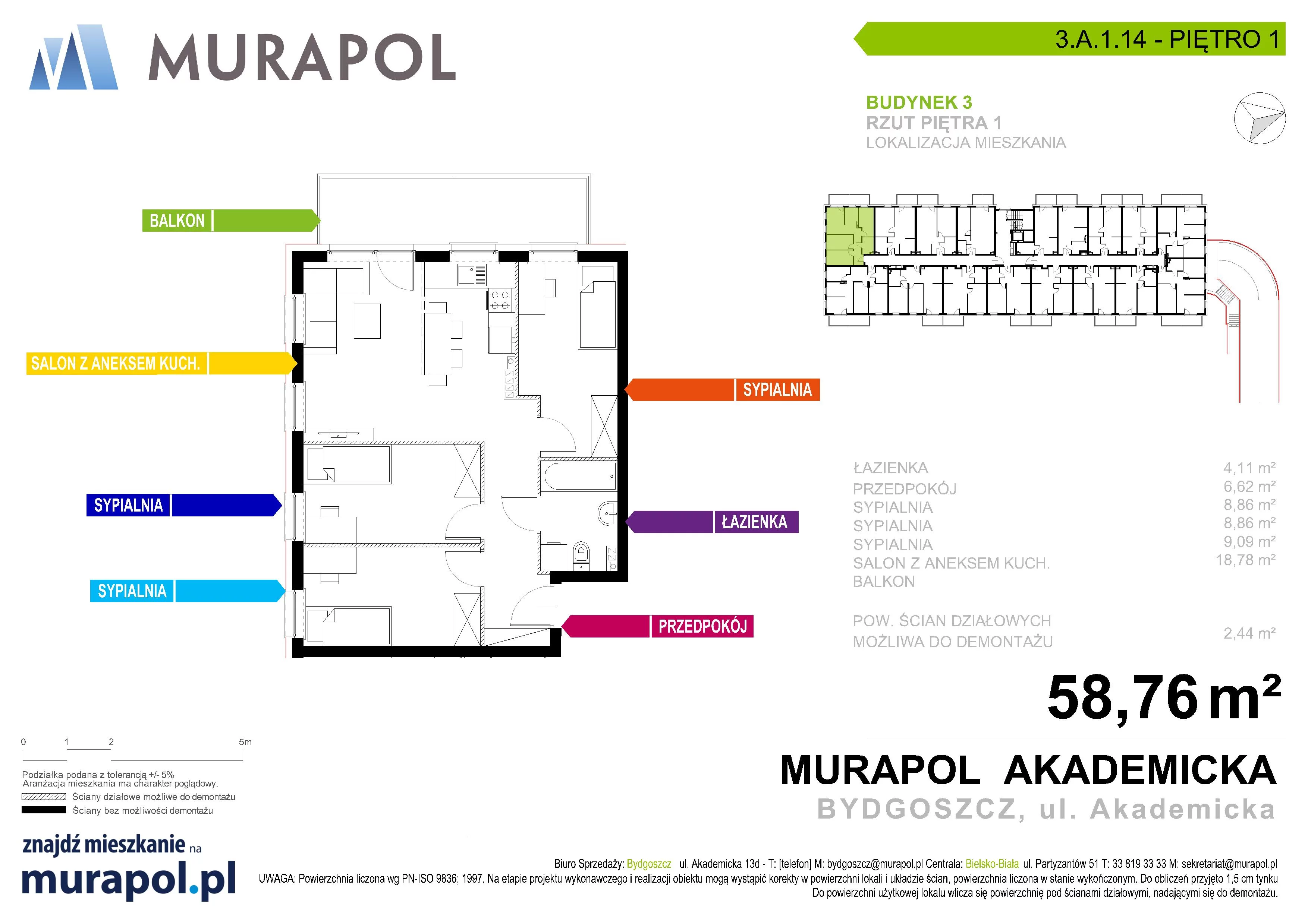 Mieszkanie 58,76 m², piętro 1, oferta nr 3.A.1.14, Murapol Osiedle Akademickie - Gotowe mieszkania, Bydgoszcz, Nowy Fordon, ul. Akademicka