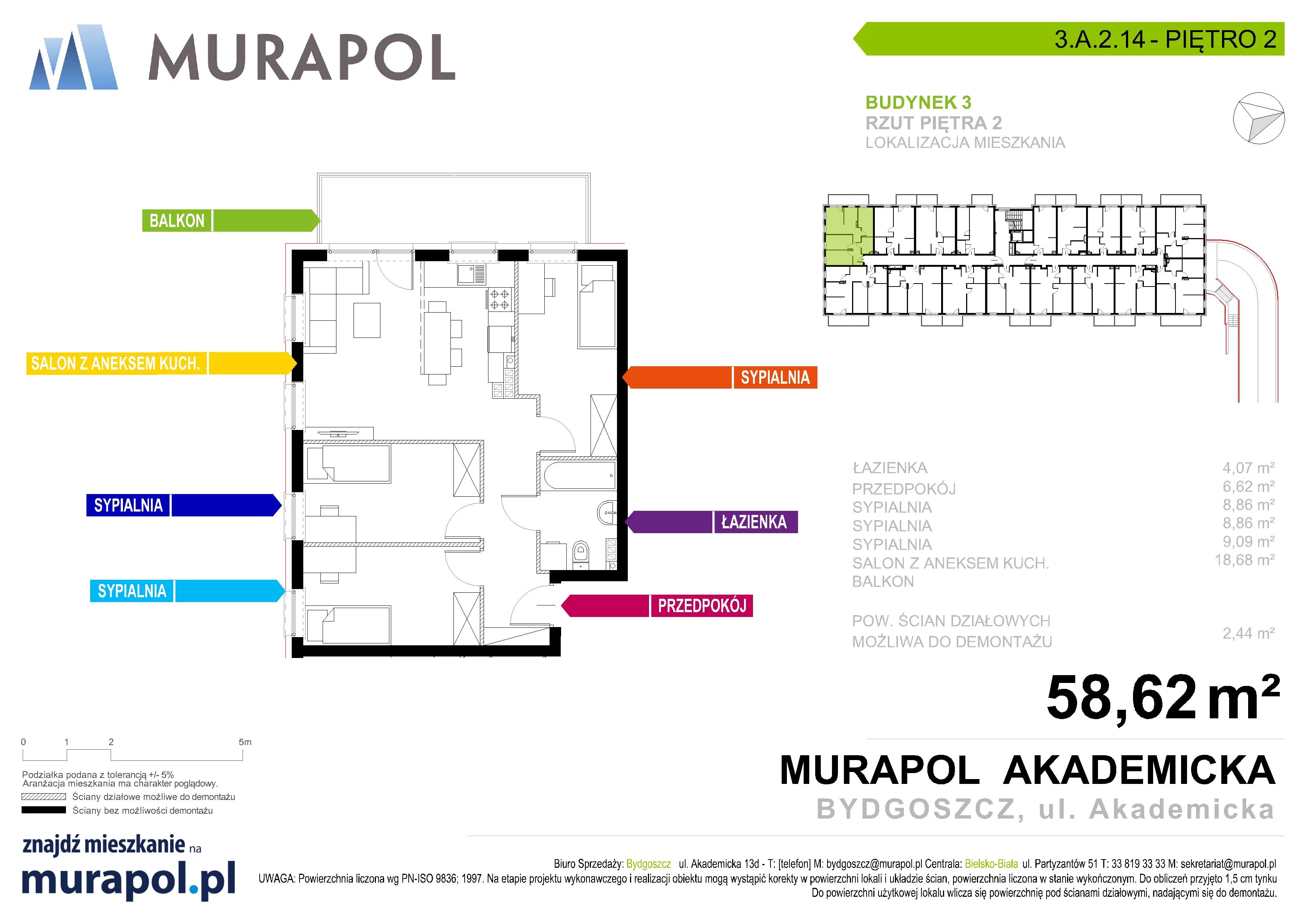 Mieszkanie 58,62 m², piętro 2, oferta nr 3.A.2.14, Murapol Osiedle Akademickie - Gotowe mieszkania, Bydgoszcz, Nowy Fordon, ul. Akademicka