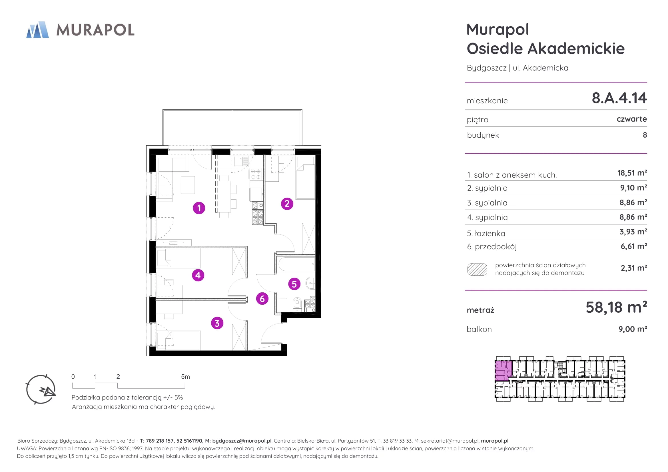 Mieszkanie 58,18 m², piętro 4, oferta nr 8.A.4.14, Murapol Osiedle Akademickie - Gotowe mieszkania, Bydgoszcz, Nowy Fordon, ul. Akademicka