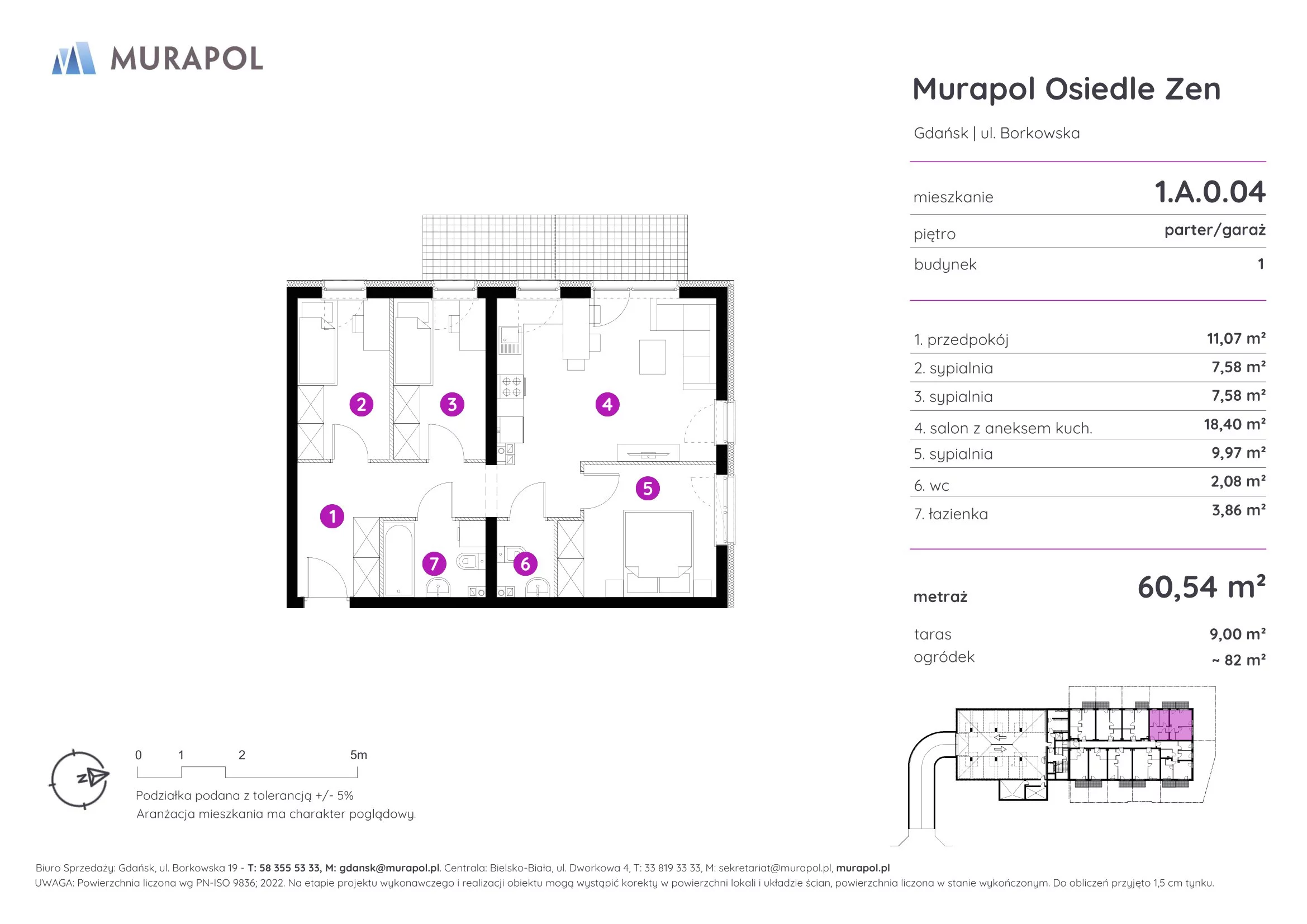 Mieszkanie 60,54 m², parter, oferta nr 1.A.0.04, Murapol Osiedle Zen, Gdańsk, Orunia Górna-Gdańsk Południe, Maćkowy, ul. Borkowska