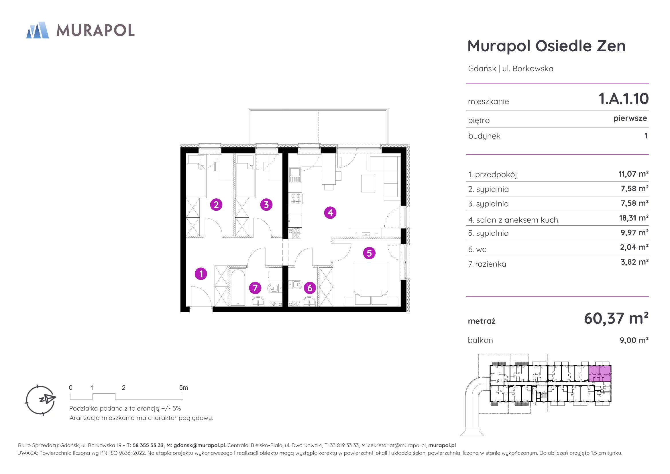 4 pokoje, mieszkanie 60,37 m², piętro 1, oferta nr 1.A.1.10, Murapol Osiedle Zen, Gdańsk, Orunia Górna-Gdańsk Południe, Maćkowy, ul. Borkowska