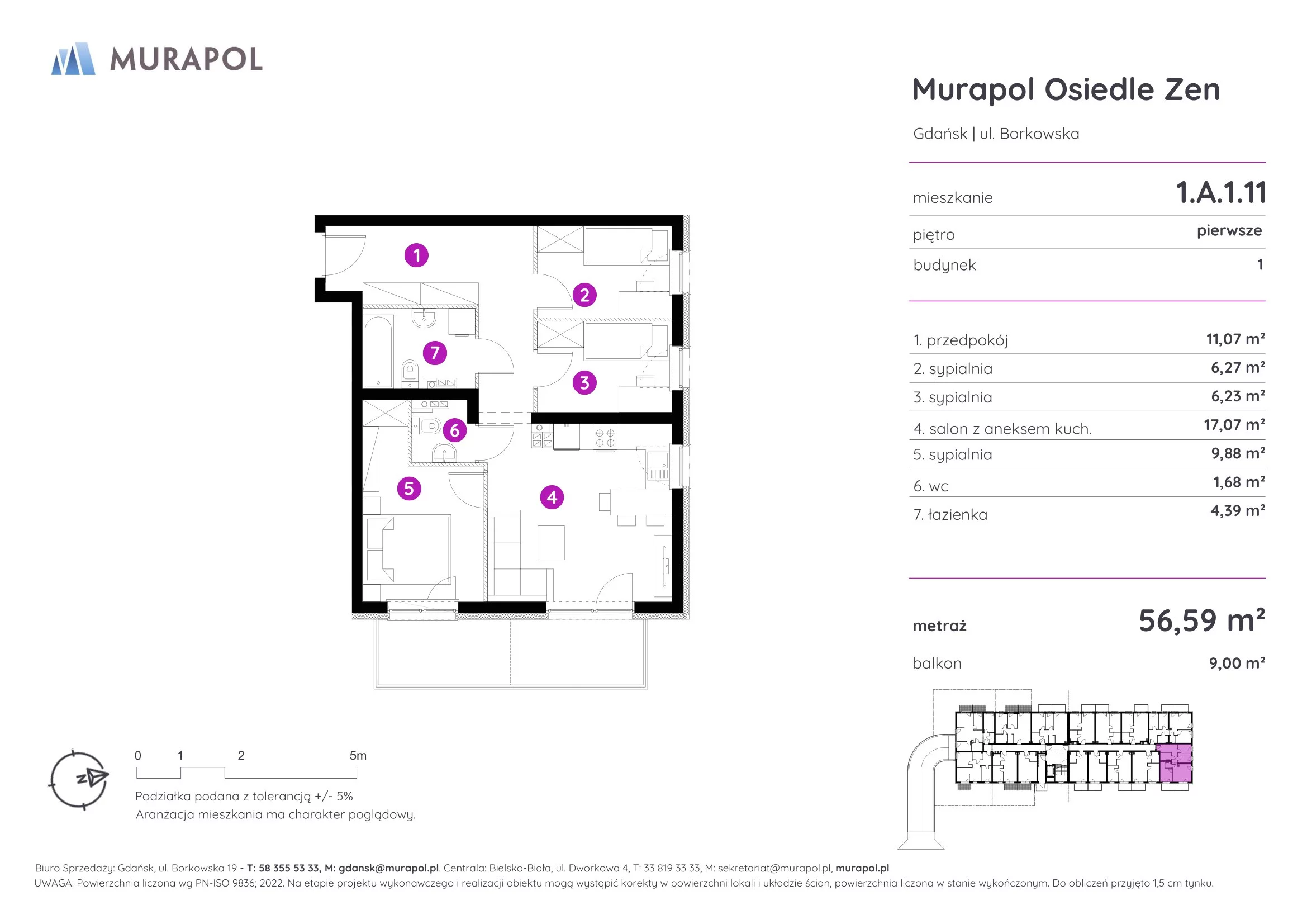 Mieszkanie 56,59 m², piętro 1, oferta nr 1.A.1.11, Murapol Osiedle Zen, Gdańsk, Orunia Górna-Gdańsk Południe, Maćkowy, ul. Borkowska