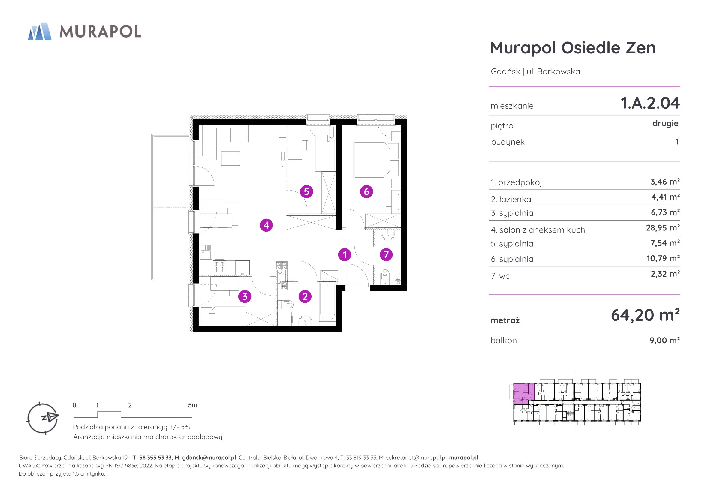 4 pokoje, mieszkanie 64,20 m², piętro 2, oferta nr 1.A.2.04, Murapol Osiedle Zen, Gdańsk, Orunia Górna-Gdańsk Południe, Maćkowy, ul. Borkowska