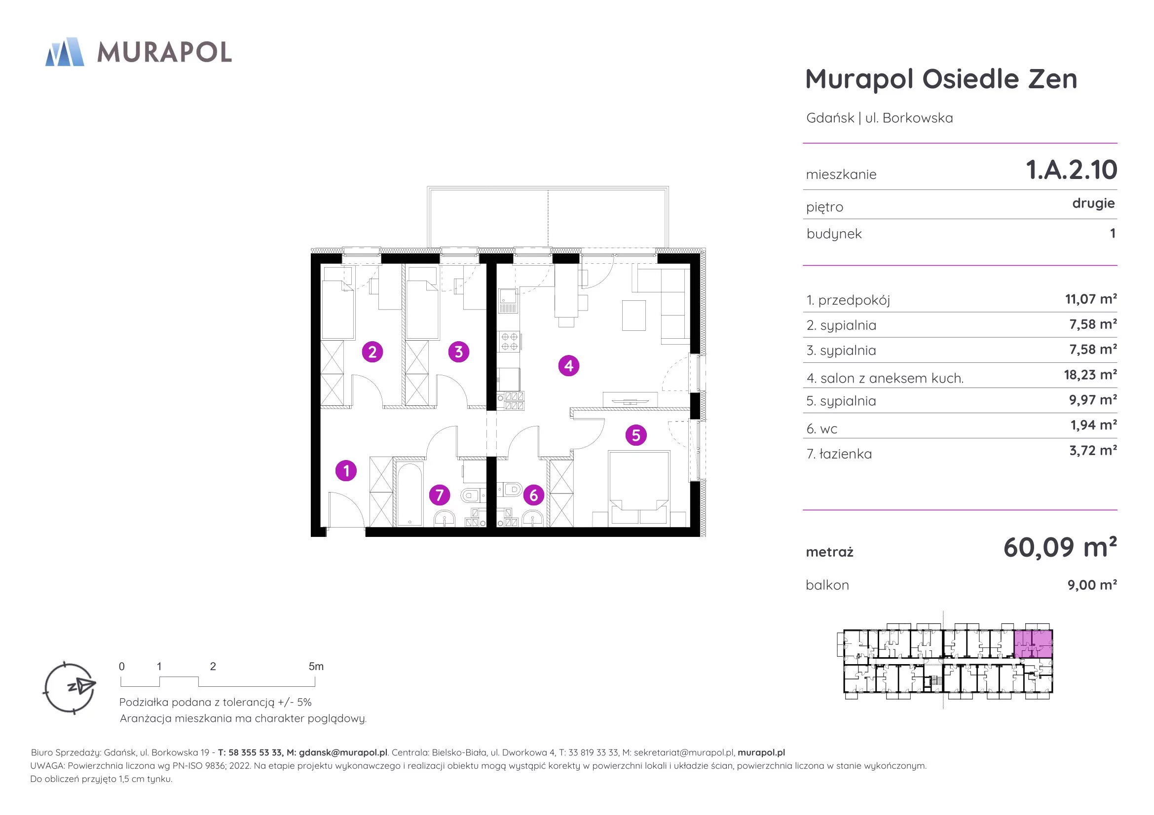 4 pokoje, mieszkanie 60,09 m², piętro 2, oferta nr 1.A.2.10, Murapol Osiedle Zen, Gdańsk, Orunia Górna-Gdańsk Południe, Maćkowy, ul. Borkowska