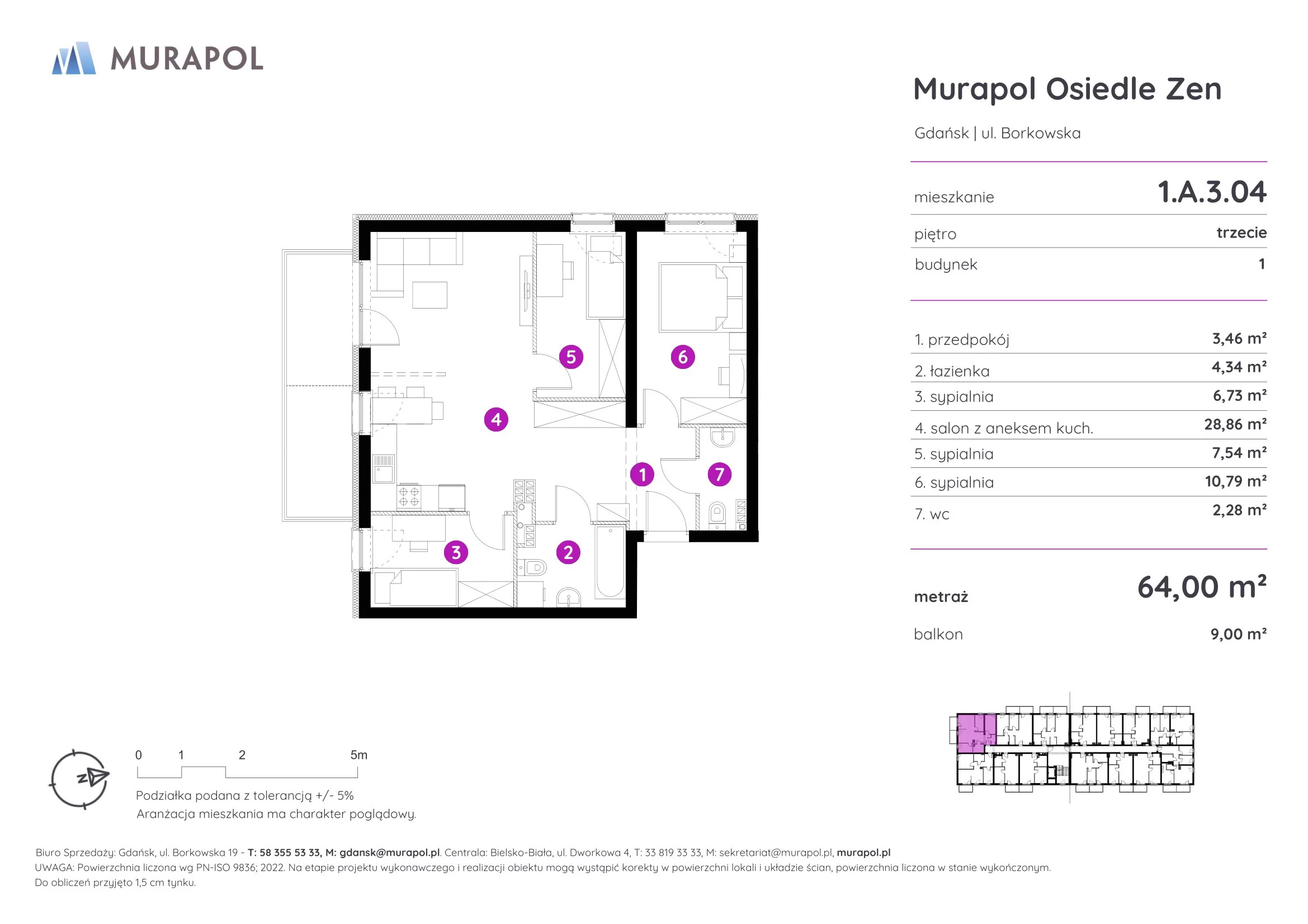 4 pokoje, mieszkanie 64,00 m², piętro 3, oferta nr 1.A.3.04, Murapol Osiedle Zen, Gdańsk, Orunia Górna-Gdańsk Południe, Maćkowy, ul. Borkowska