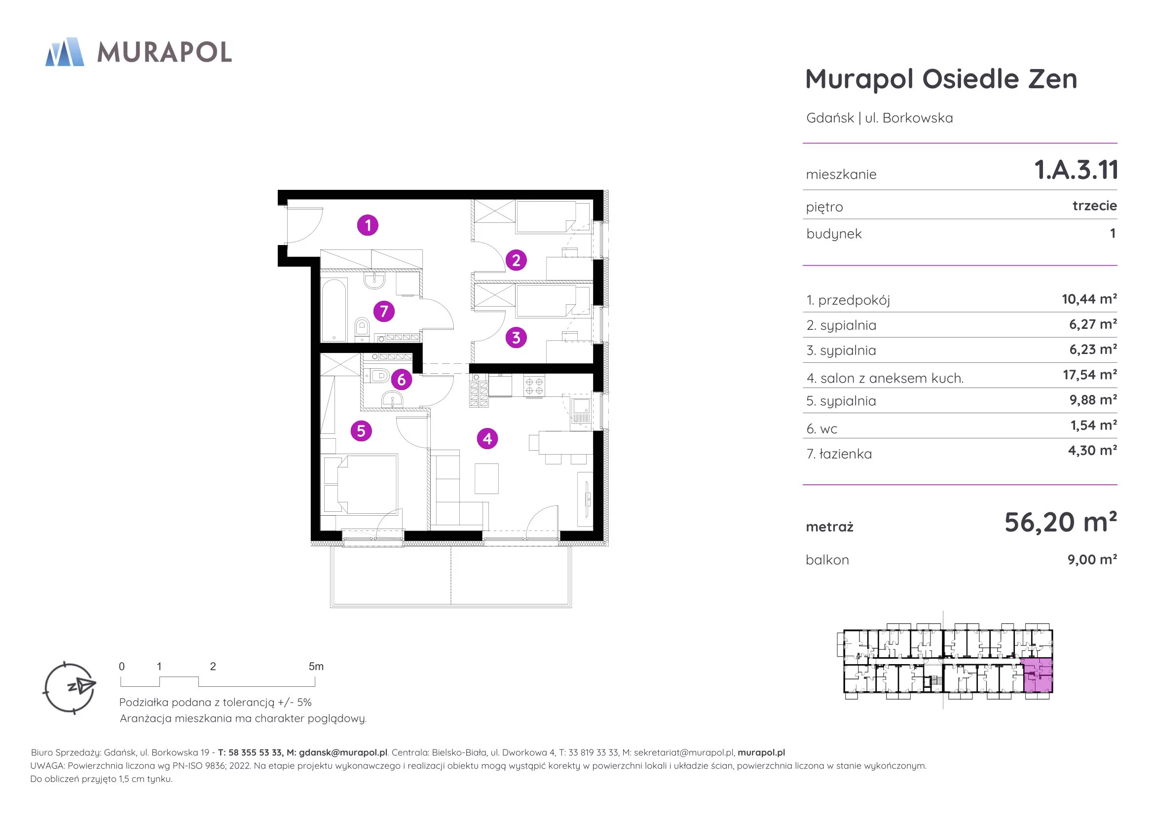 Mieszkanie 56,20 m², piętro 3, oferta nr 1.A.3.11, Murapol Osiedle Zen, Gdańsk, Orunia Górna-Gdańsk Południe, Maćkowy, ul. Borkowska