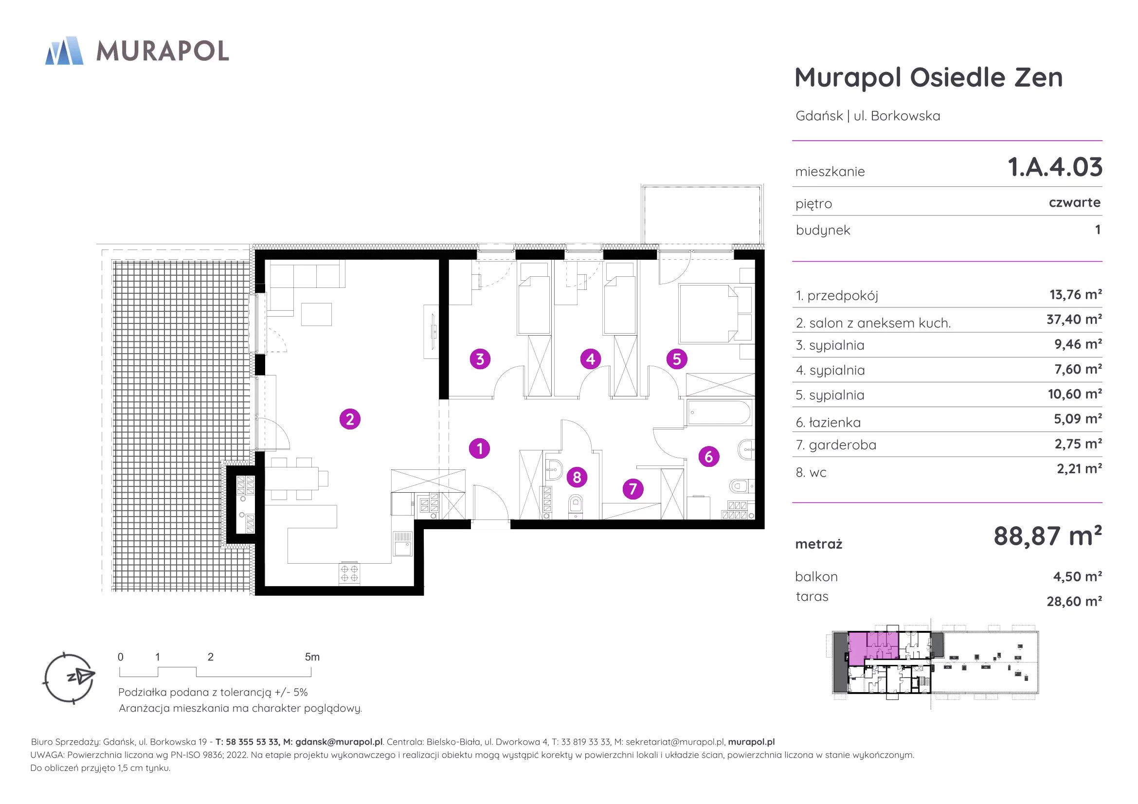 Mieszkanie 88,87 m², piętro 4, oferta nr 1.A.4.03, Murapol Osiedle Zen, Gdańsk, Orunia Górna-Gdańsk Południe, Maćkowy, ul. Borkowska-idx