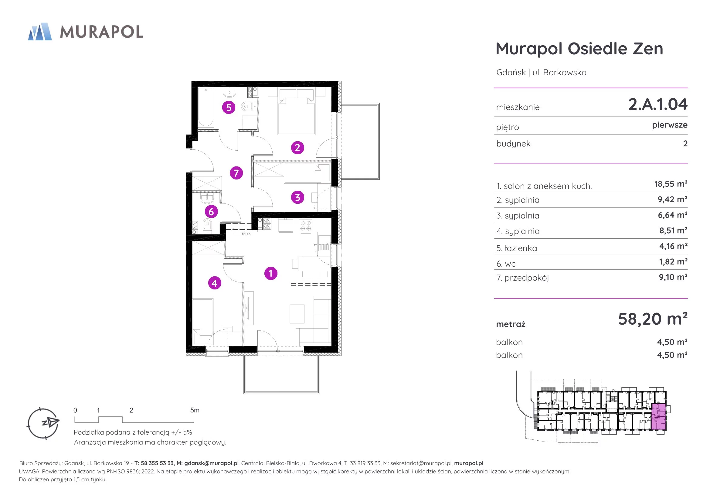 Mieszkanie 58,20 m², piętro 1, oferta nr 2.A.1.04, Murapol Osiedle Zen, Gdańsk, Orunia Górna-Gdańsk Południe, Maćkowy, ul. Borkowska