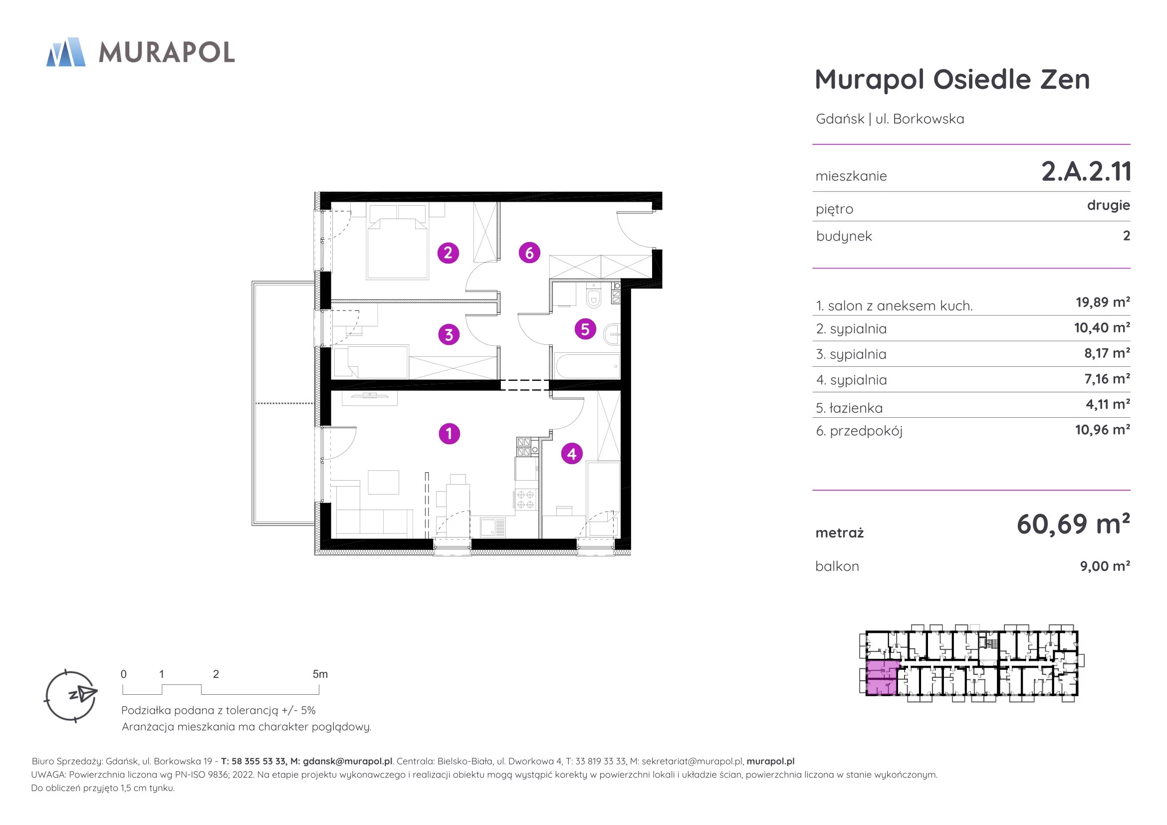 Mieszkanie 60,69 m², piętro 2, oferta nr 2.A.2.11, Murapol Osiedle Zen, Gdańsk, Orunia Górna-Gdańsk Południe, Maćkowy, ul. Borkowska