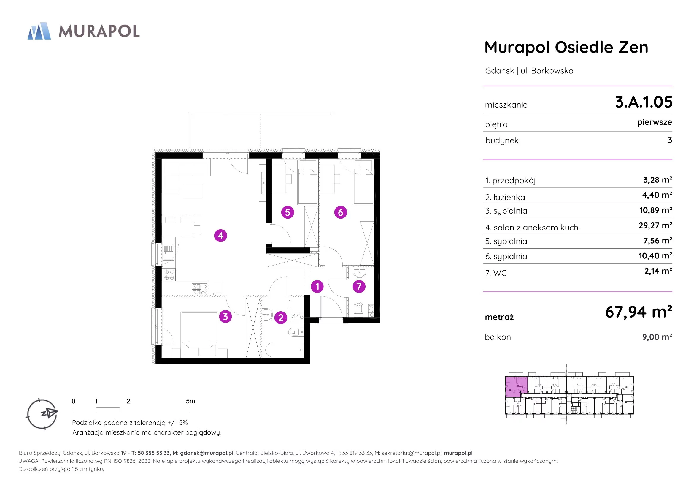 Mieszkanie 67,94 m², piętro 1, oferta nr 3.A.1.05, Murapol Osiedle Zen, Gdańsk, Orunia Górna-Gdańsk Południe, Maćkowy, ul. Borkowska