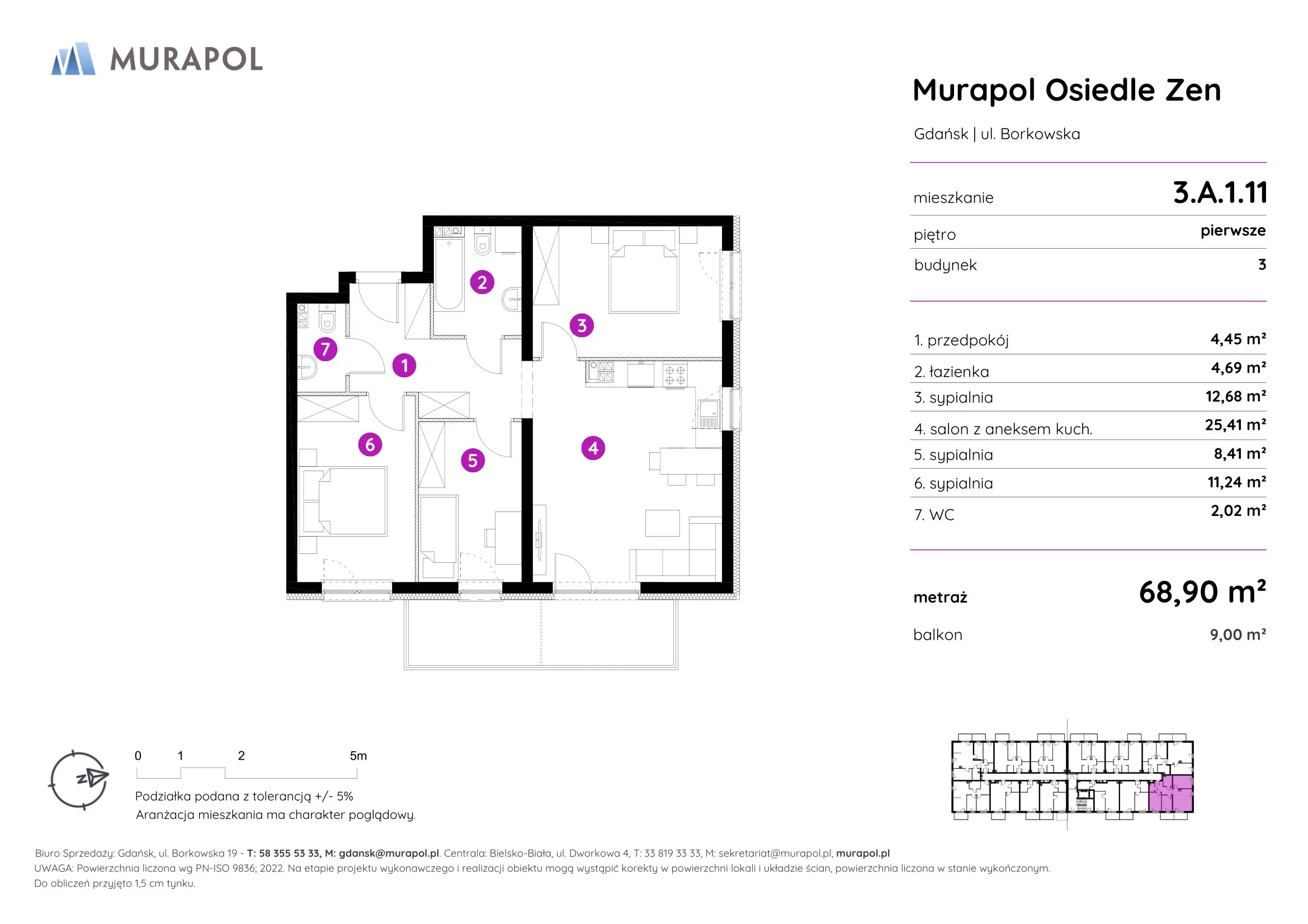 4 pokoje, mieszkanie 68,90 m², piętro 1, oferta nr 3.A.1.11, Murapol Osiedle Zen, Gdańsk, Orunia Górna-Gdańsk Południe, Maćkowy, ul. Borkowska