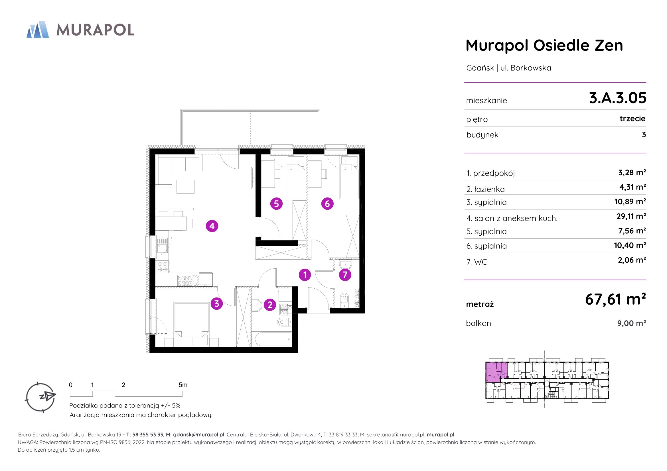 Mieszkanie 67,61 m², piętro 3, oferta nr 3.A.3.05, Murapol Osiedle Zen, Gdańsk, Orunia Górna-Gdańsk Południe, Maćkowy, ul. Borkowska