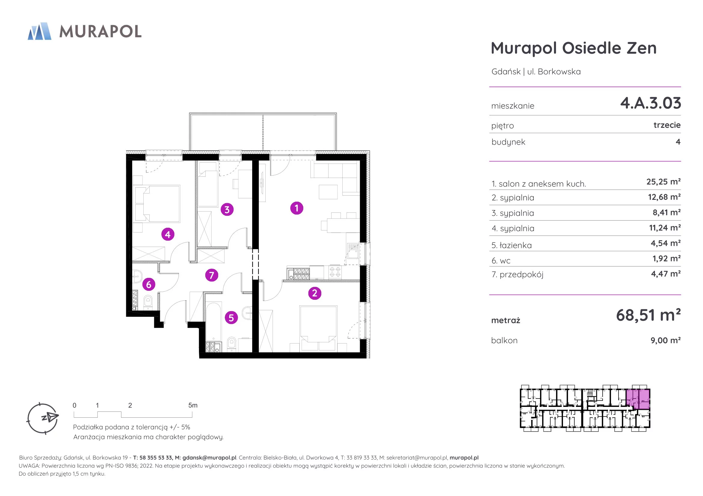 Mieszkanie 68,51 m², piętro 3, oferta nr 4.A.3.03, Murapol Osiedle Zen, Gdańsk, Orunia Górna-Gdańsk Południe, Maćkowy, ul. Borkowska