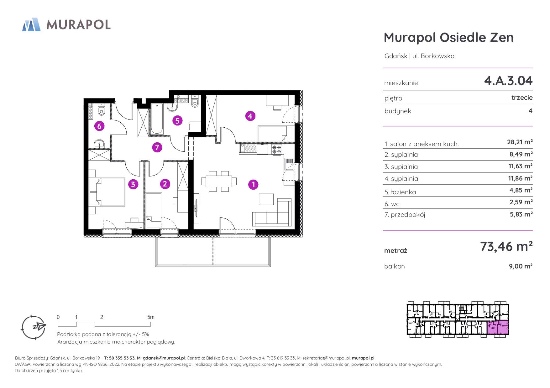 Mieszkanie 73,46 m², piętro 3, oferta nr 4.A.3.04, Murapol Osiedle Zen, Gdańsk, Orunia Górna-Gdańsk Południe, Maćkowy, ul. Borkowska