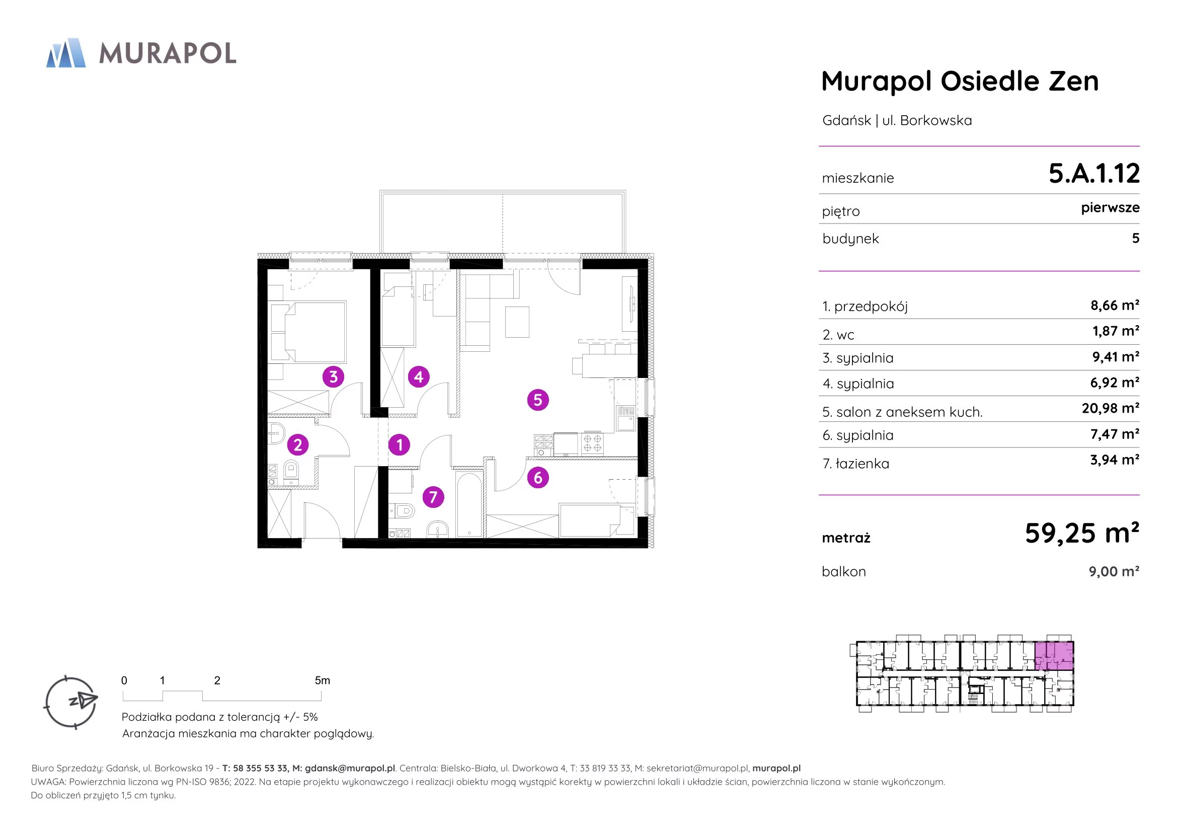 Mieszkanie 59,25 m², piętro 1, oferta nr 5.A.1.12, Murapol Osiedle Zen, Gdańsk, Orunia Górna-Gdańsk Południe, Maćkowy, ul. Borkowska