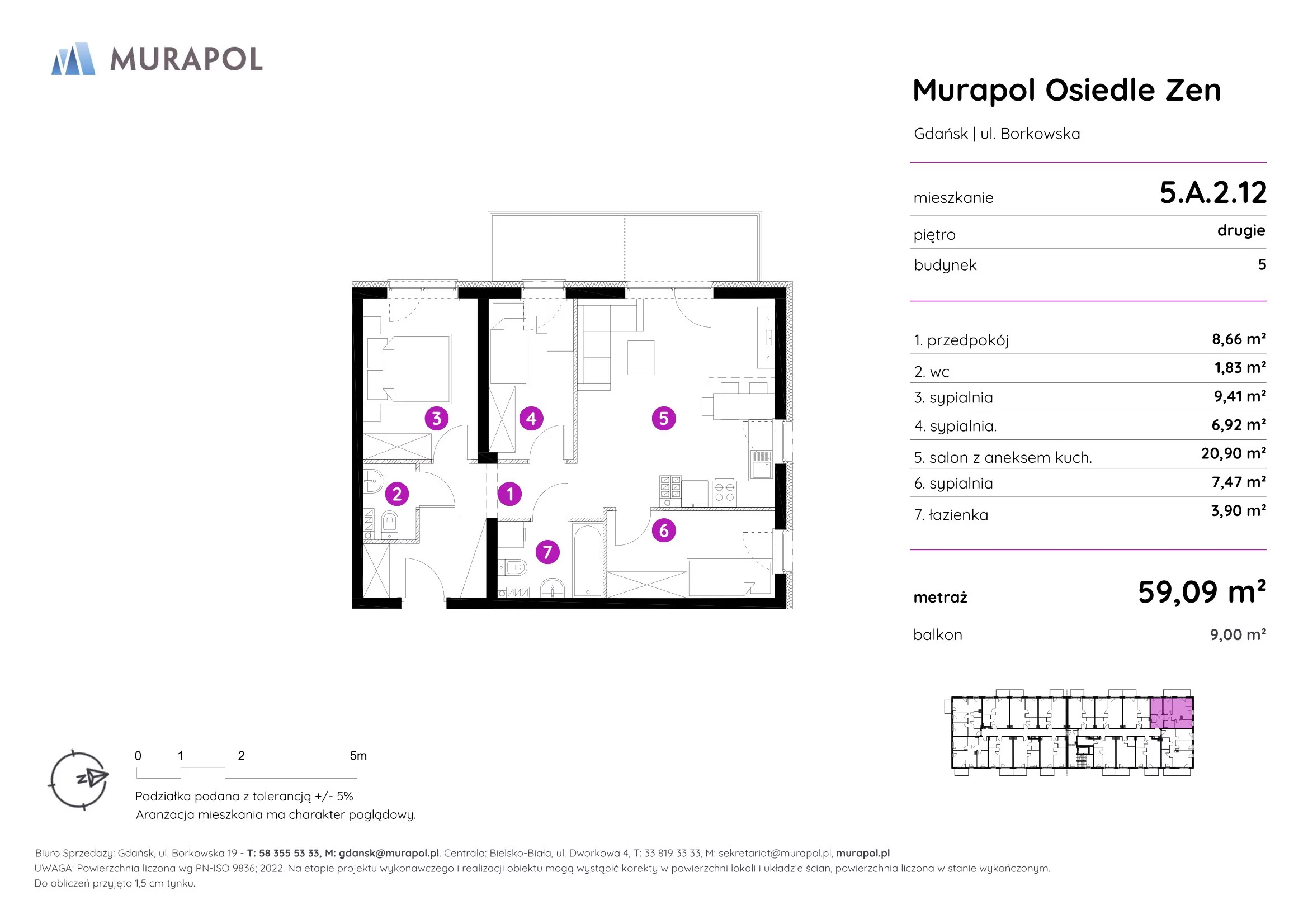 Mieszkanie 59,09 m², piętro 2, oferta nr 5.A.2.12, Murapol Osiedle Zen, Gdańsk, Orunia Górna-Gdańsk Południe, Maćkowy, ul. Borkowska