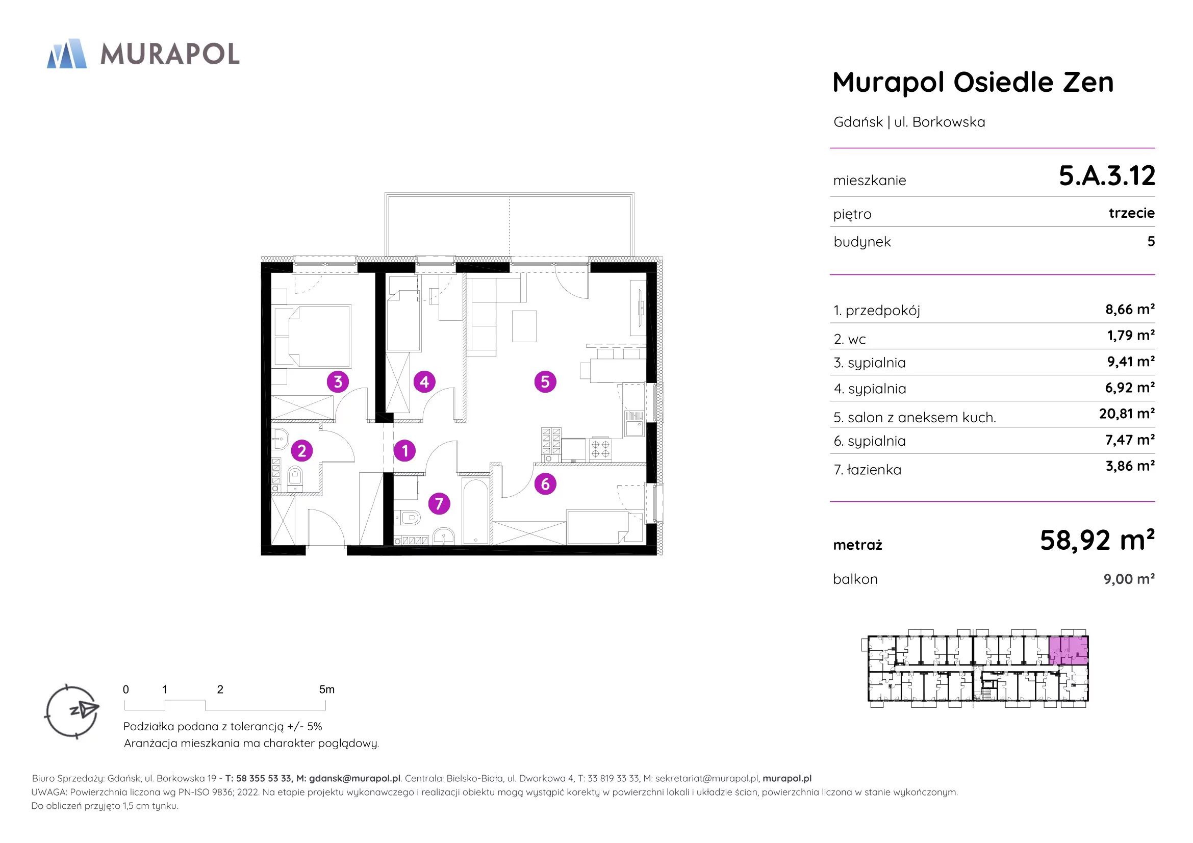 Mieszkanie 58,92 m², piętro 3, oferta nr 5.A.3.12, Murapol Osiedle Zen, Gdańsk, Orunia Górna-Gdańsk Południe, Maćkowy, ul. Borkowska