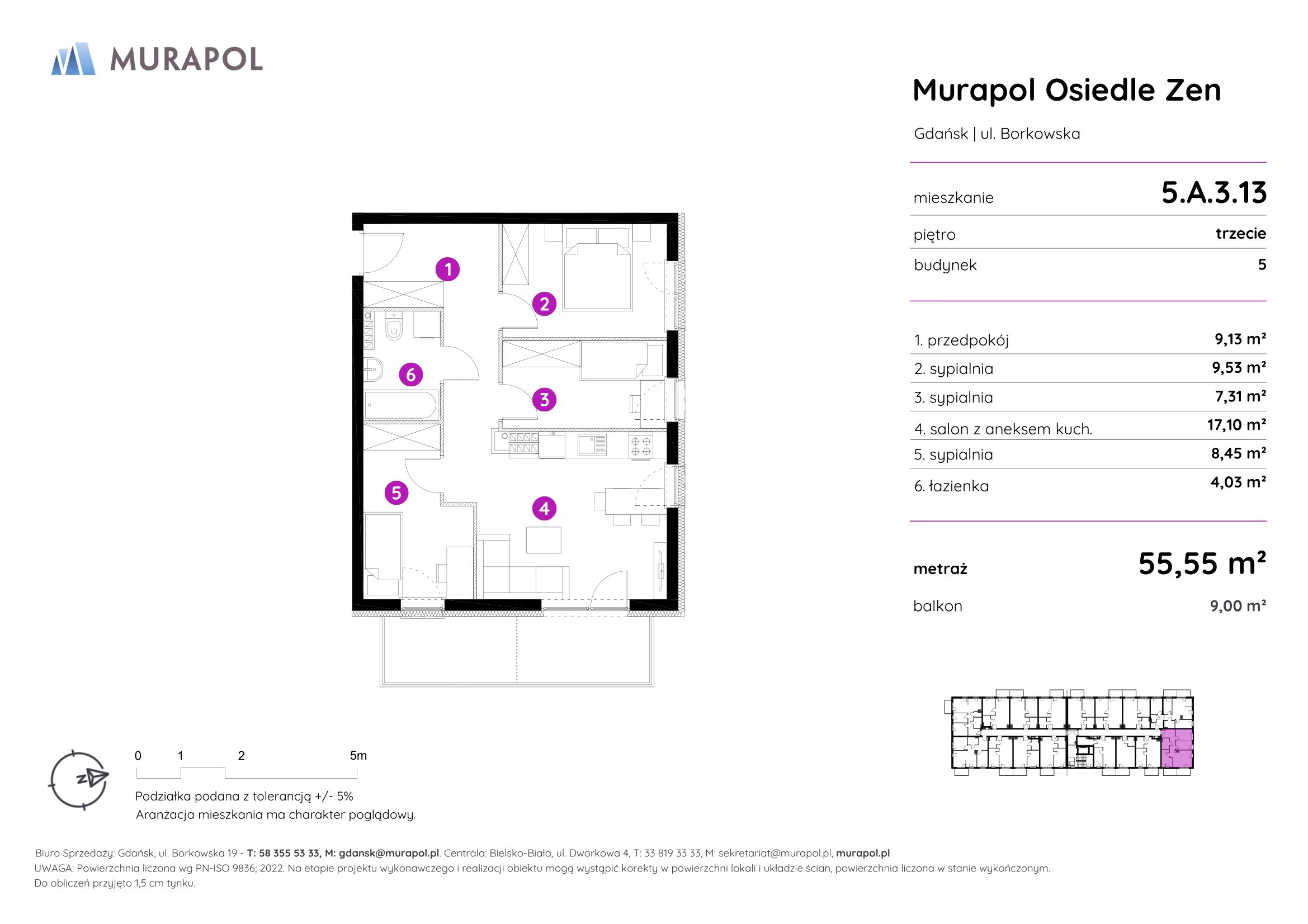 Mieszkanie 55,55 m², piętro 3, oferta nr 5.A.3.13, Murapol Osiedle Zen, Gdańsk, Orunia Górna-Gdańsk Południe, Maćkowy, ul. Borkowska