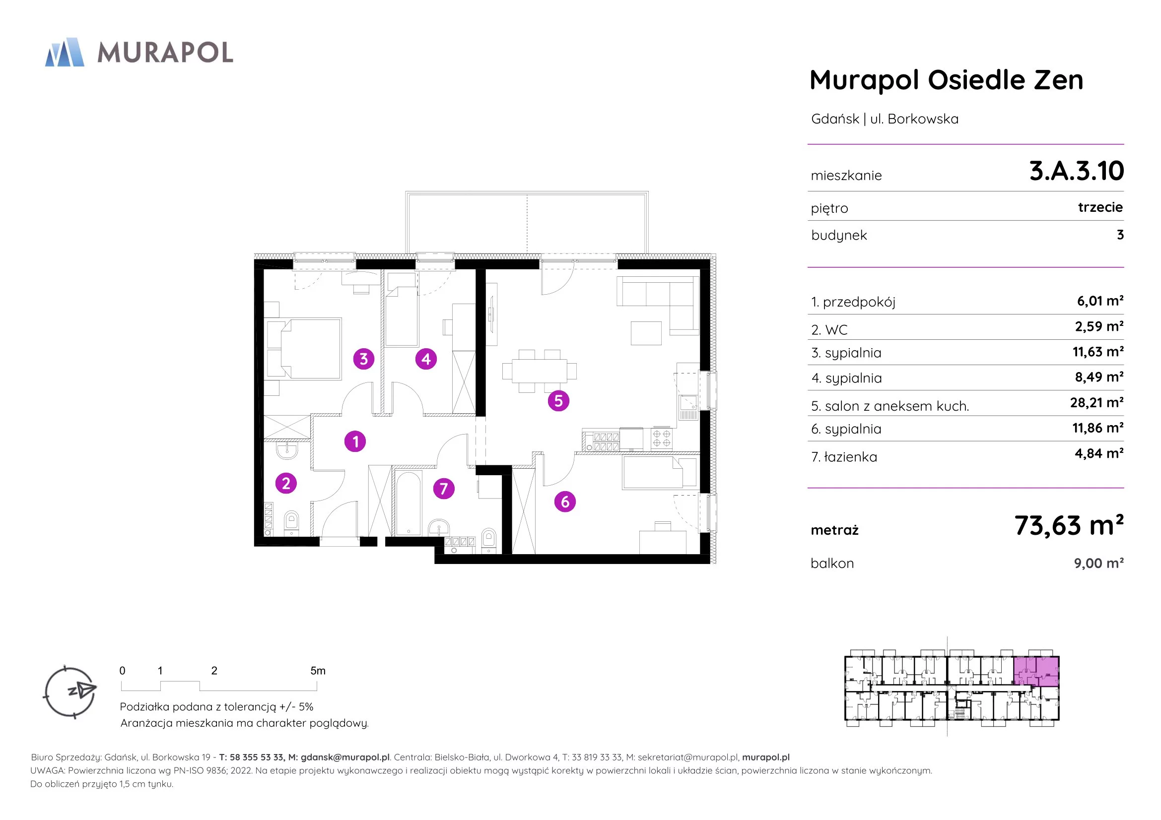 4 pokoje, mieszkanie 73,63 m², piętro 3, oferta nr 3.A.3.10, Murapol Osiedle Zen, Gdańsk, Orunia Górna-Gdańsk Południe, Maćkowy, ul. Borkowska