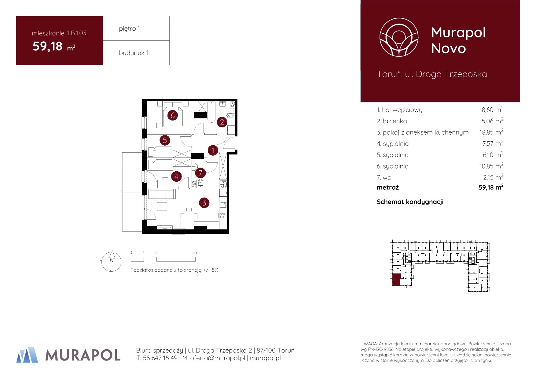 4 pokoje, mieszkanie 59,18 m², piętro 1, oferta nr 1.B.1.03, Murapol Novo, Toruń, Jakubskie Przedmieście, ul. Droga Trzeposka