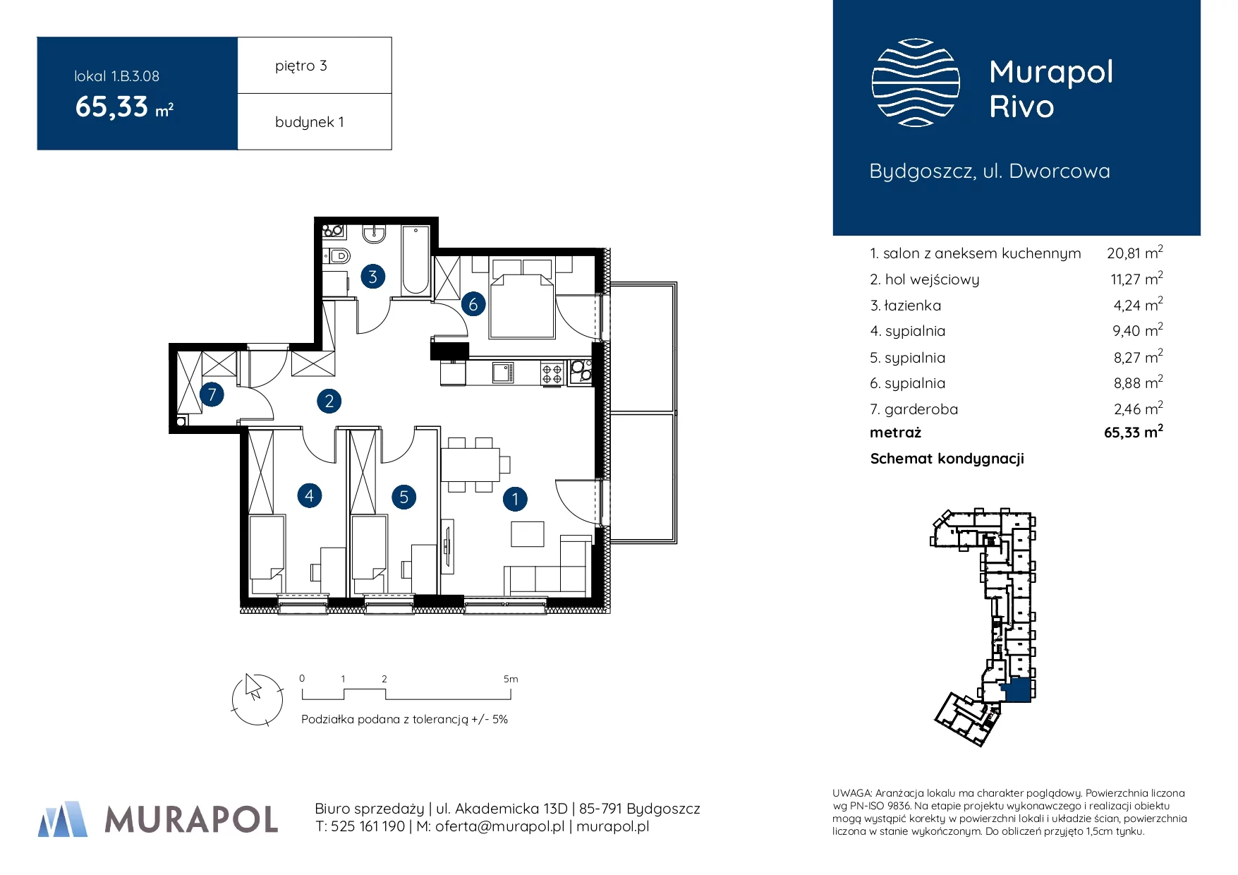 4 pokoje, mieszkanie 65,33 m², piętro 3, oferta nr 1.B.3.08, Murapol Rivo, Bydgoszcz, Śródmieście, ul. Dworcowa