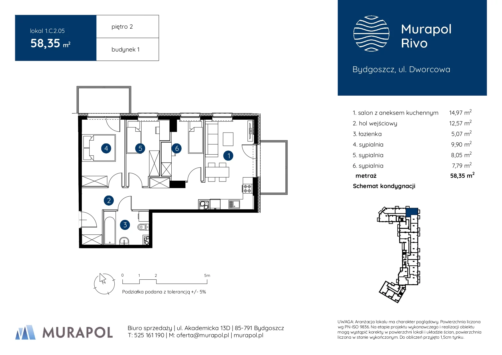 4 pokoje, mieszkanie 58,35 m², piętro 2, oferta nr 1.C.2.05, Murapol Rivo, Bydgoszcz, Śródmieście, ul. Dworcowa