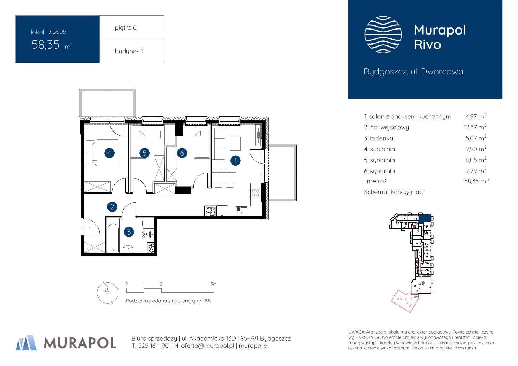 4 pokoje, mieszkanie 58,35 m², piętro 6, oferta nr 1.C.6.05, Murapol Rivo, Bydgoszcz, Śródmieście, ul. Dworcowa