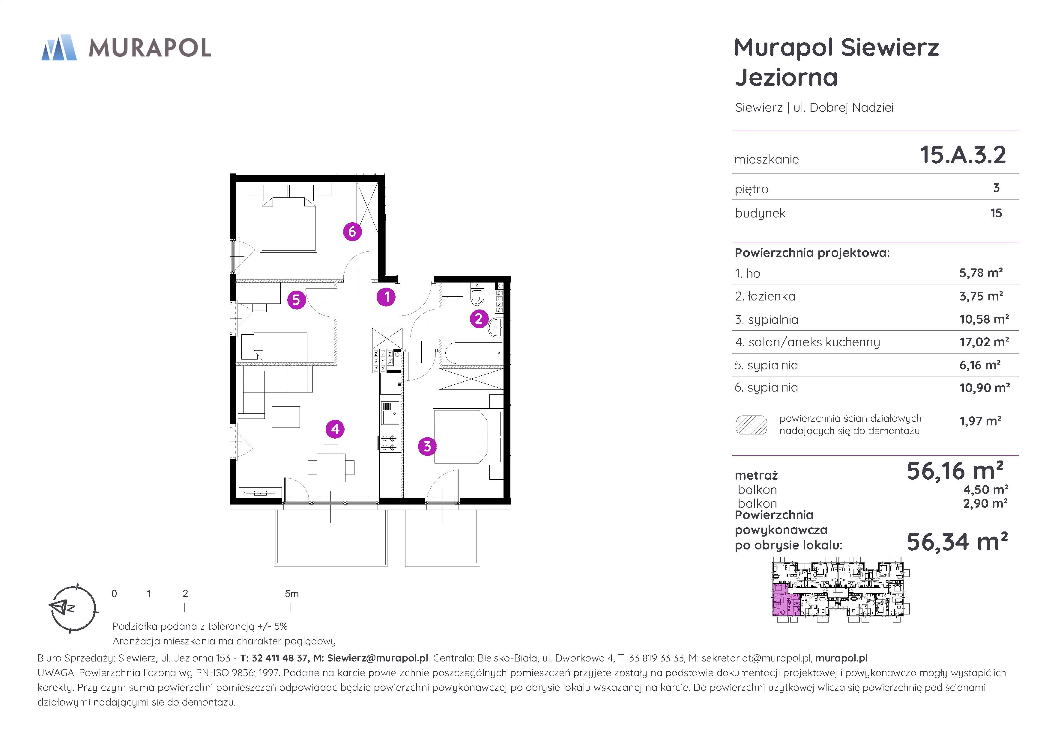 Mieszkanie 56,16 m², piętro 3, oferta nr 15.A.3.2, Murapol Siewierz Jeziorna, Siewierz, ul. Jeziorna 153