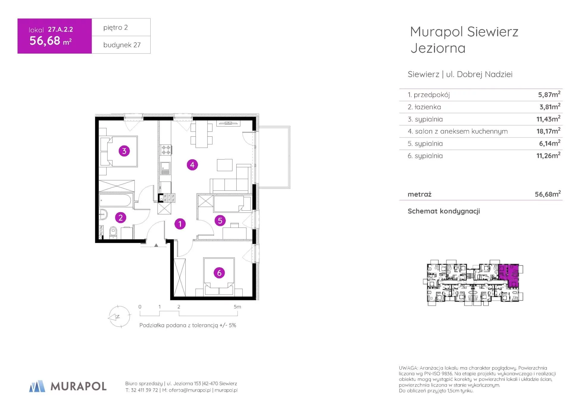 4 pokoje, mieszkanie 56,68 m², piętro 2, oferta nr 27.A.2.2, Murapol Siewierz Jeziorna - Gotowe mieszkania, Siewierz, ul. Jeziorna 153