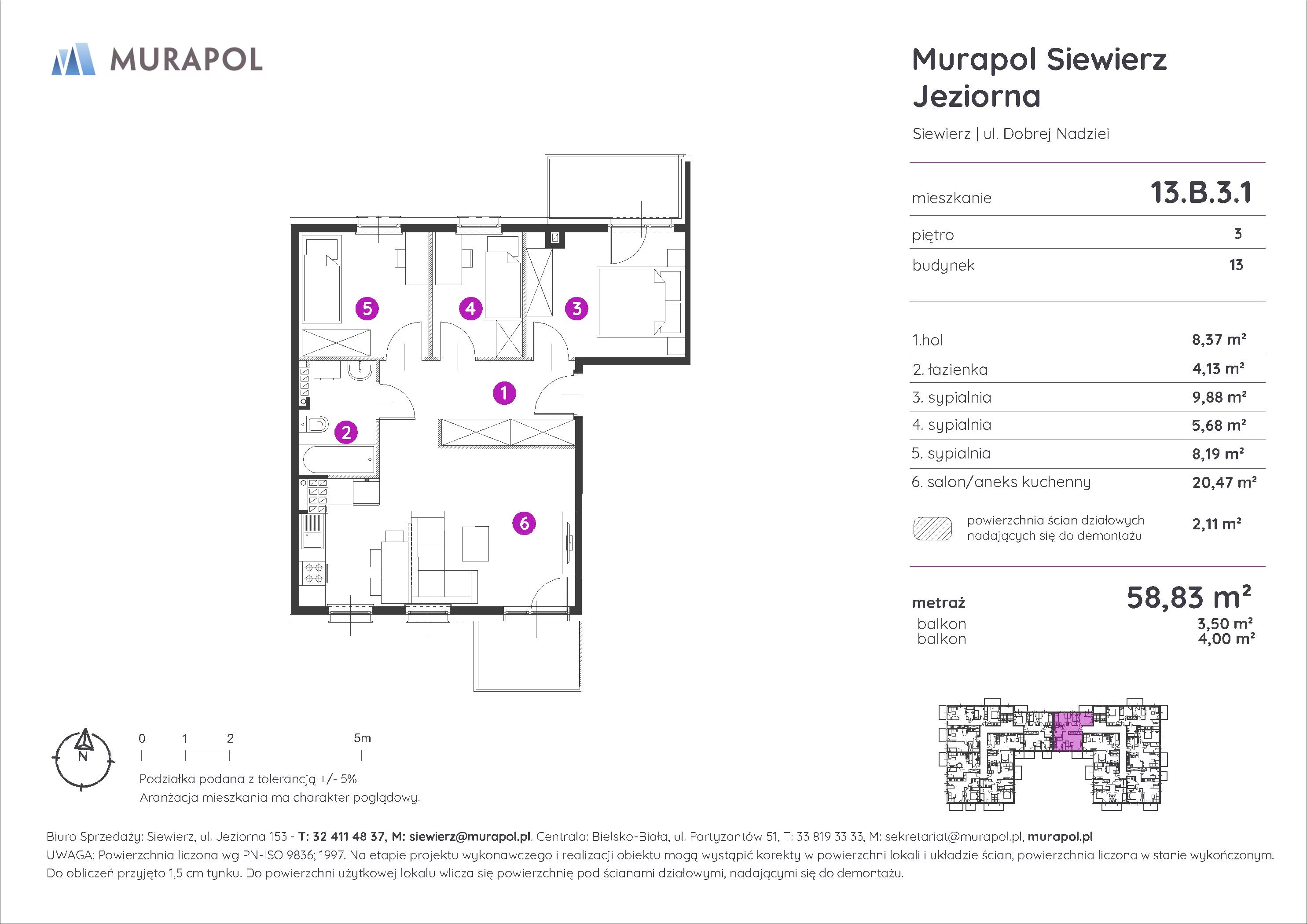 4 pokoje, mieszkanie 58,83 m², piętro 3, oferta nr 13.B.3.1, Murapol Siewierz Jeziorna - Gotowe mieszkania, Siewierz, ul. Jeziorna 153