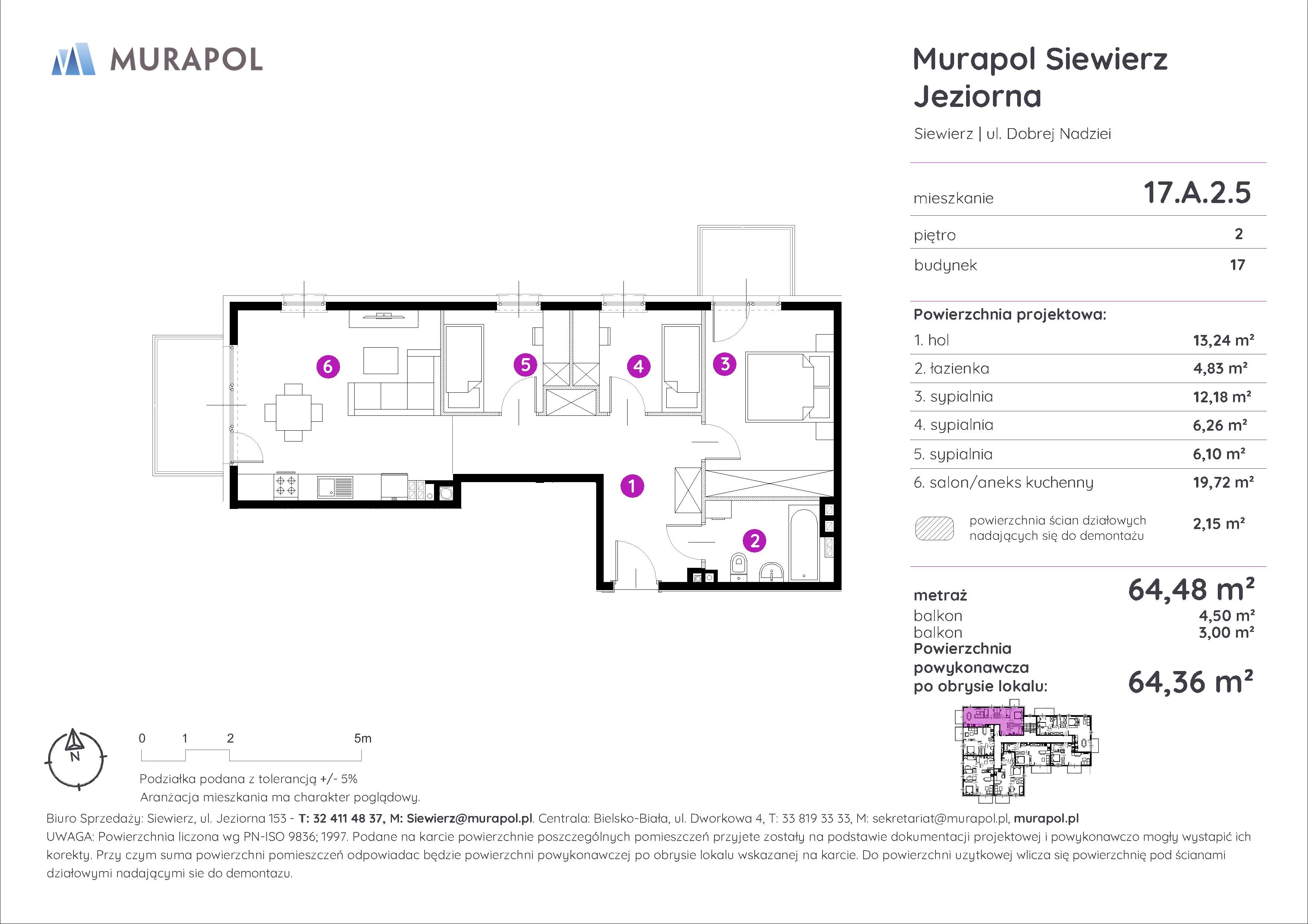 4 pokoje, mieszkanie 64,36 m², piętro 2, oferta nr 17.A.2.5, Murapol Siewierz Jeziorna, Siewierz, ul. Jeziorna 153