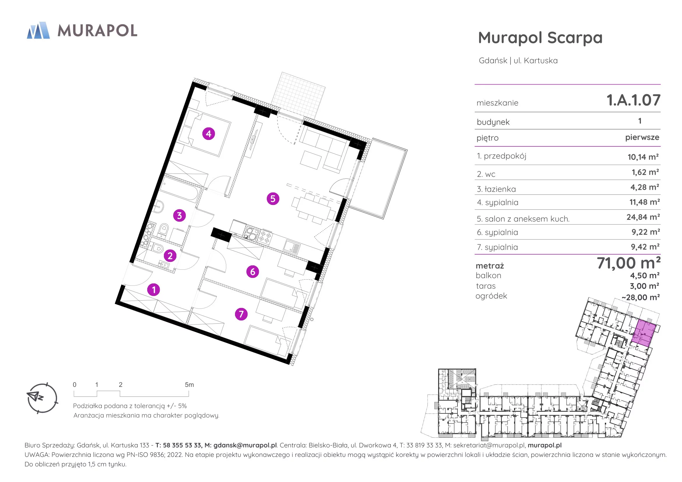 Mieszkanie 71,00 m², piętro 1, oferta nr 1.A.1.07, Murapol Scarpa, Gdańsk, Siedlce, ul. Kartuska