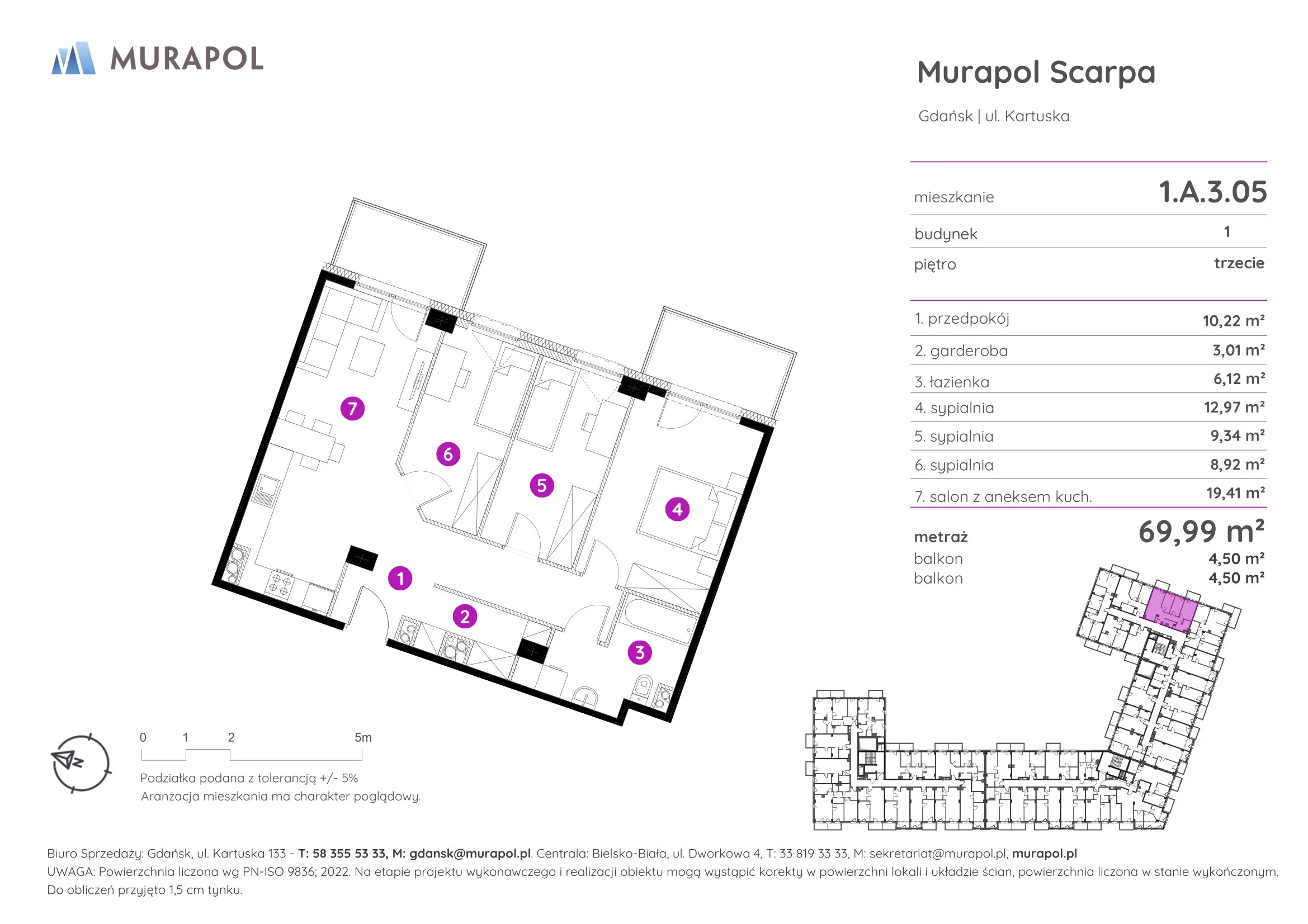 Mieszkanie 69,99 m², piętro 3, oferta nr 1.A.3.05, Murapol Scarpa, Gdańsk, Siedlce, ul. Kartuska