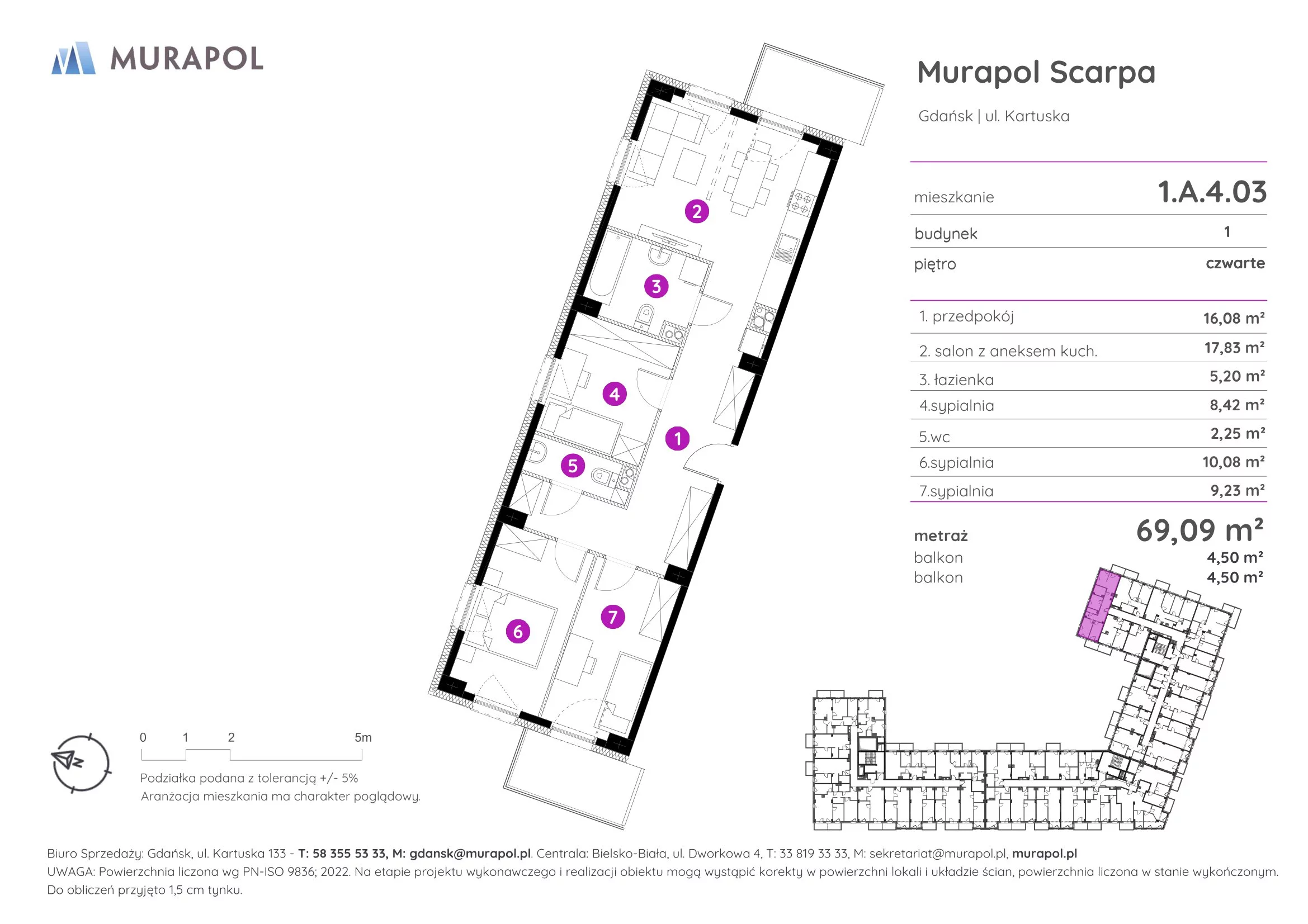 Mieszkanie 69,09 m², piętro 4, oferta nr 1.A.4.03, Murapol Scarpa, Gdańsk, Siedlce, ul. Kartuska