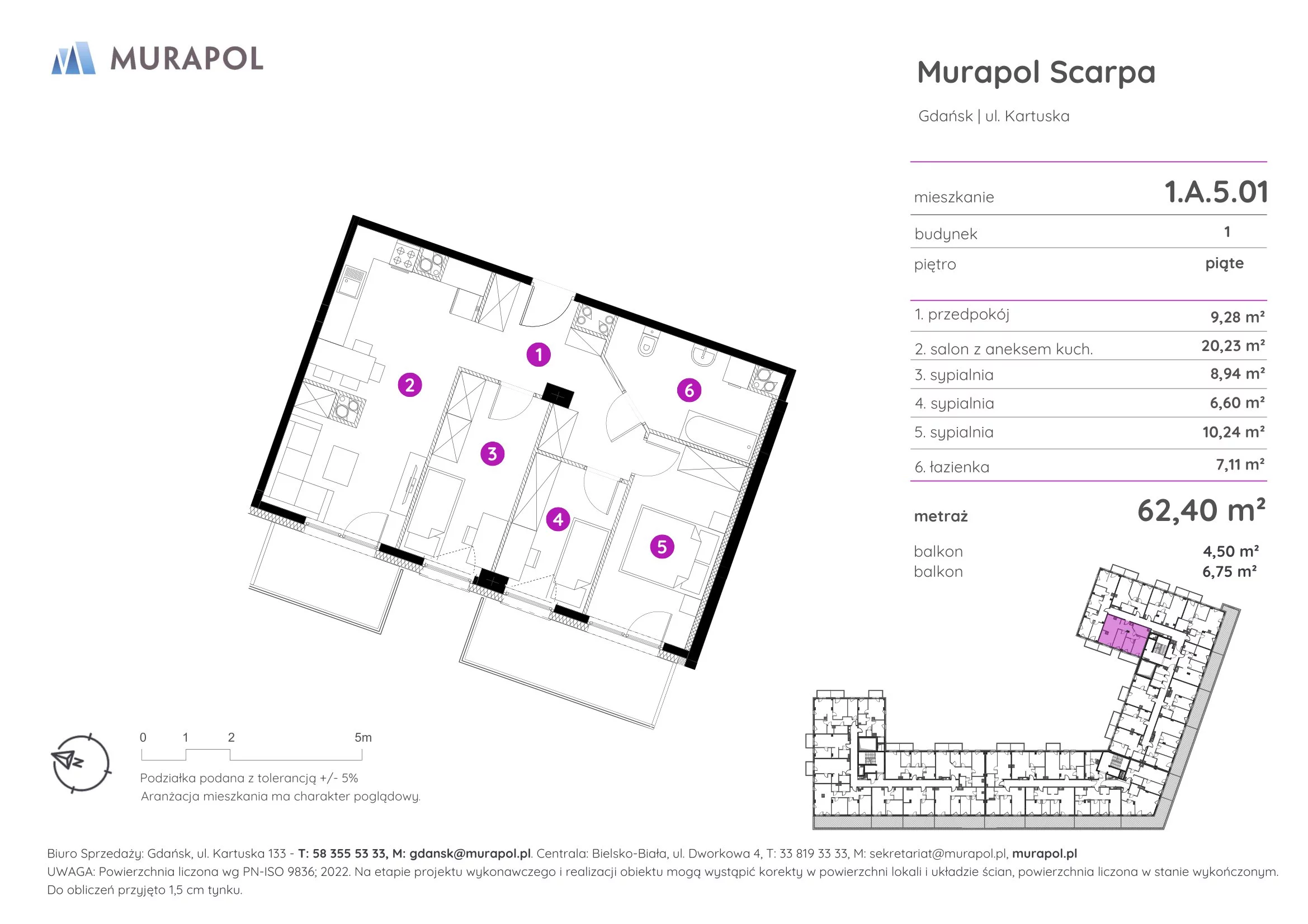 Mieszkanie 62,40 m², piętro 5, oferta nr 1.A.5.01, Murapol Scarpa, Gdańsk, Siedlce, ul. Kartuska