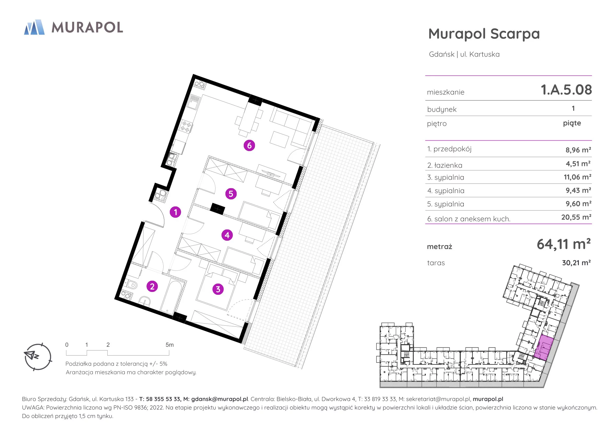 Mieszkanie 64,11 m², piętro 5, oferta nr 1.A.5.08, Murapol Scarpa, Gdańsk, Siedlce, ul. Kartuska