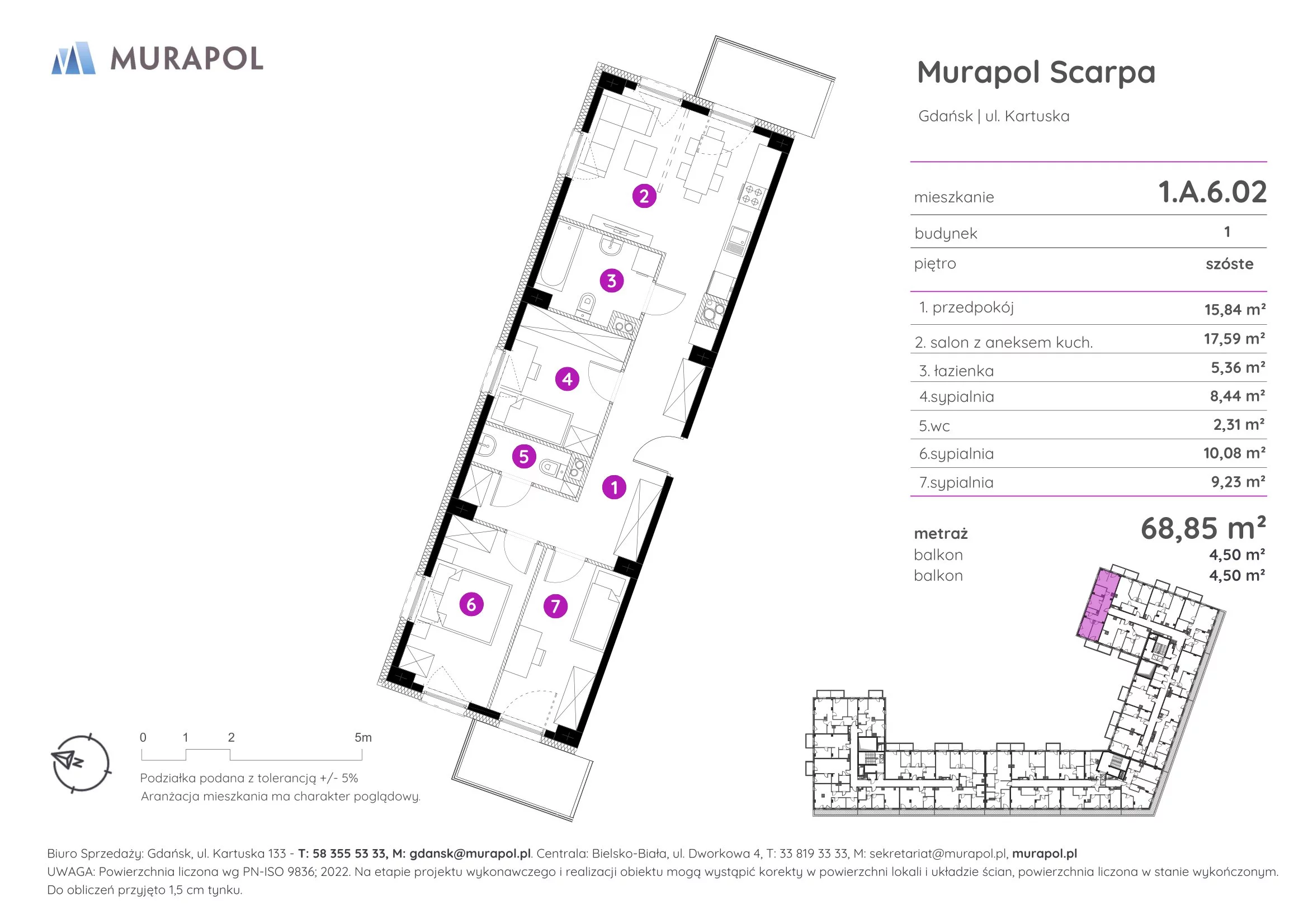 Mieszkanie 68,85 m², piętro 6, oferta nr 1.A.6.02, Murapol Scarpa, Gdańsk, Siedlce, ul. Kartuska