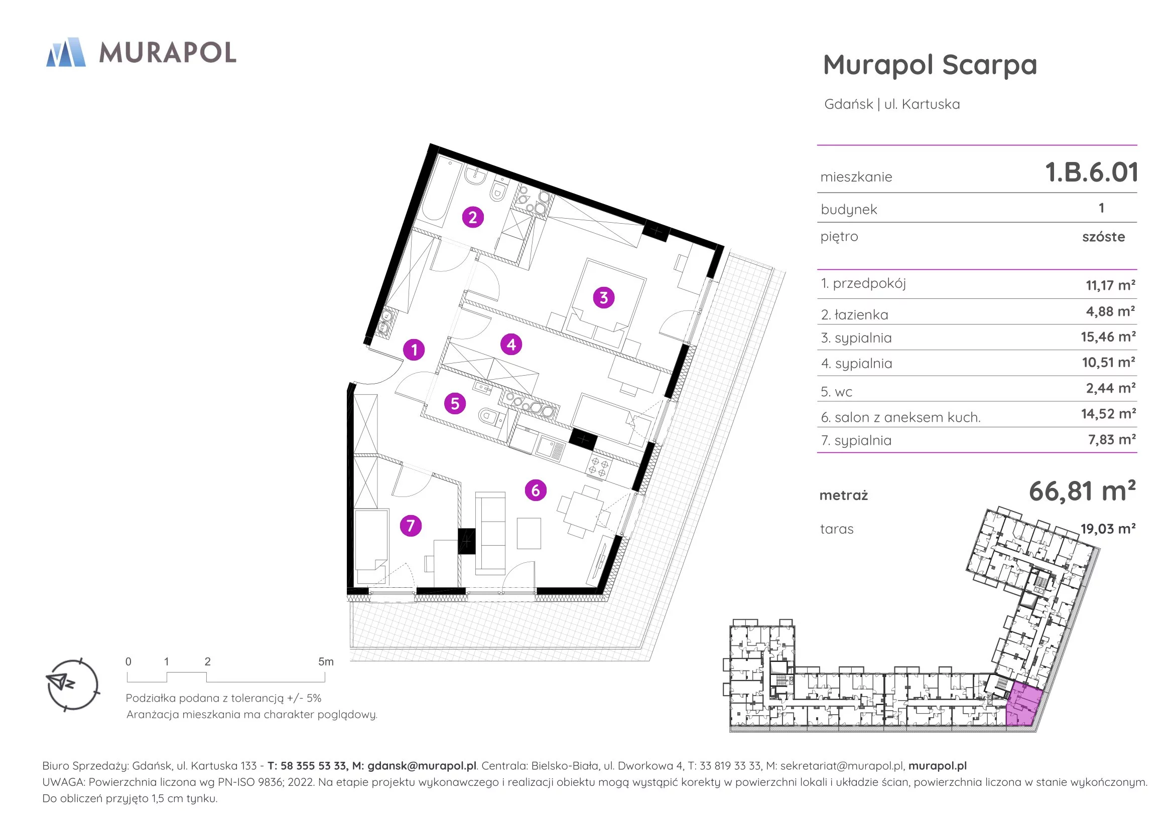 Mieszkanie 66,81 m², piętro 6, oferta nr 1.B.6.01, Murapol Scarpa, Gdańsk, Siedlce, ul. Kartuska