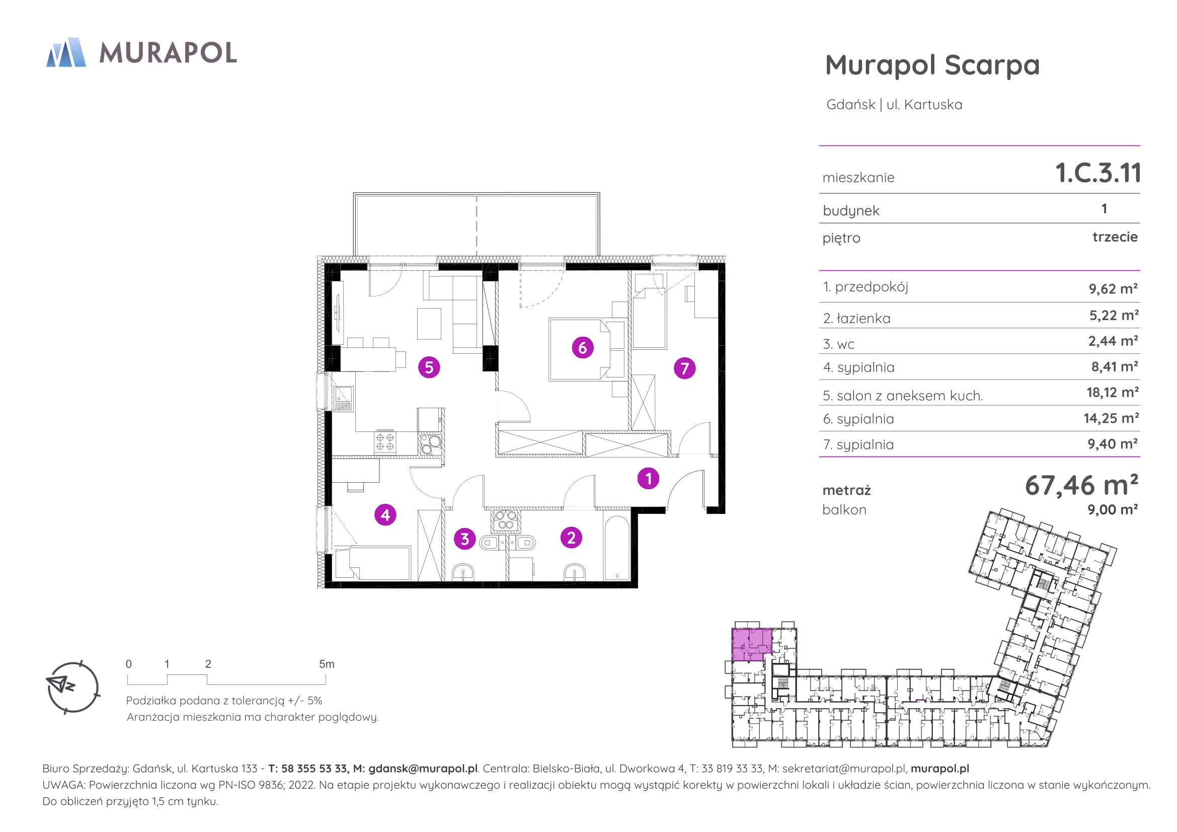 Mieszkanie 67,46 m², piętro 3, oferta nr 1.C.3.11, Murapol Scarpa, Gdańsk, Siedlce, ul. Kartuska