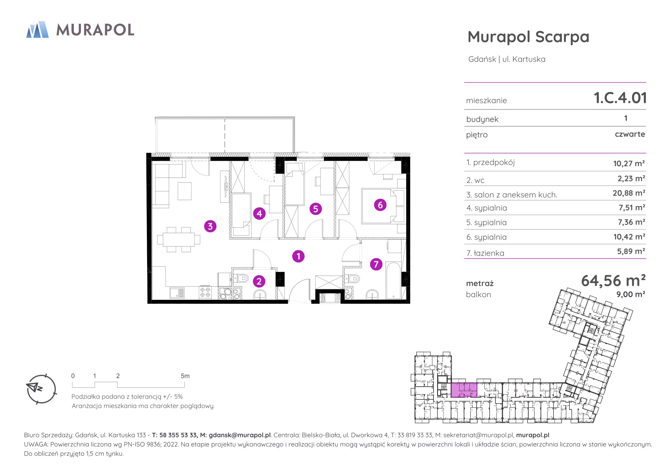 Mieszkanie 64,56 m², piętro 4, oferta nr 1.C.4.01, Murapol Scarpa, Gdańsk, Siedlce, ul. Kartuska