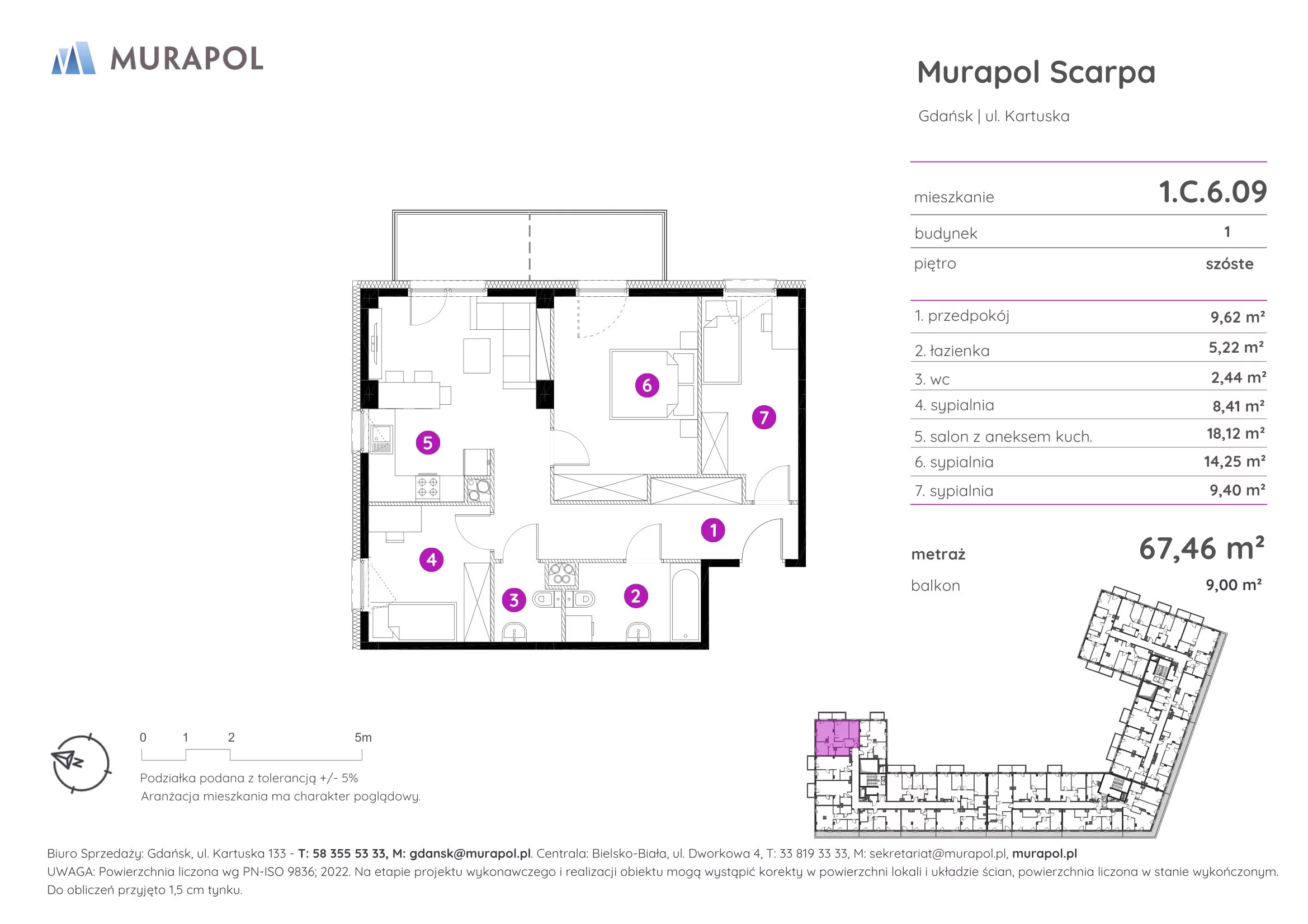 Mieszkanie 67,46 m², piętro 6, oferta nr 1.C.6.09, Murapol Scarpa, Gdańsk, Siedlce, ul. Kartuska